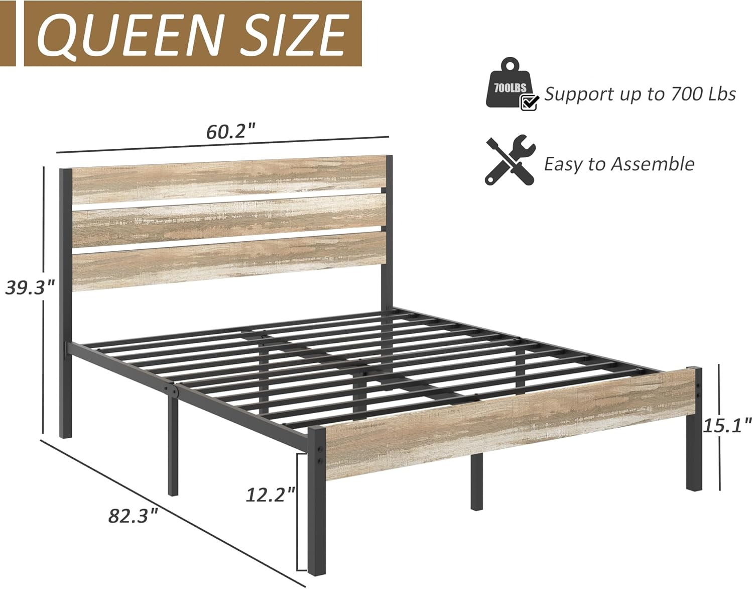 VECELO Platform Bed Frame with Rustic Vintage Wood Headboard/Strong Metal Slats Support