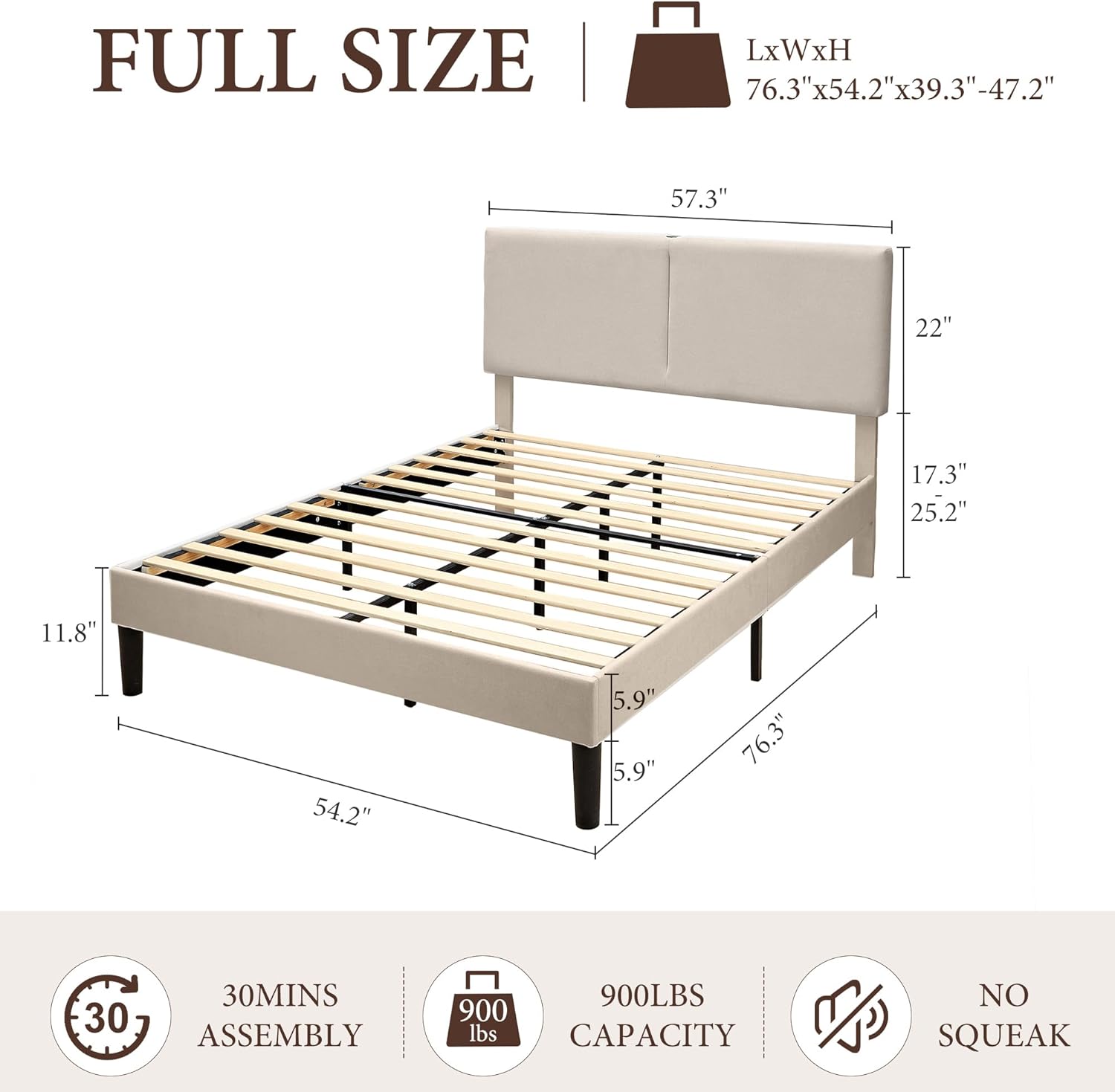 VECELO Twin/Full/Queen Bed Frame Upholstered Platform with Type-C & USB Ports Height-Adjustable Cotton and Linen Headboard
