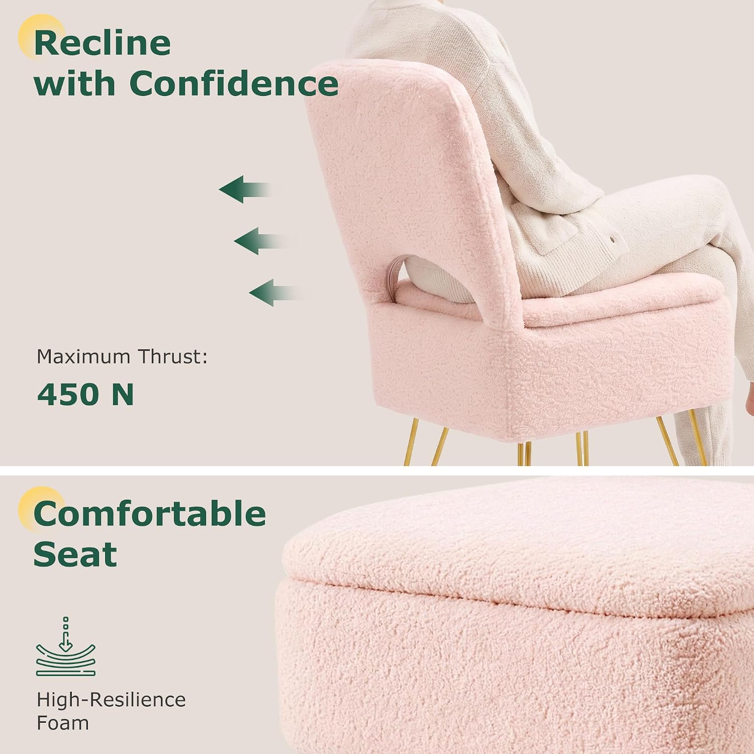 VECELO White Vanity Stool Chair with Storage and Folding Back