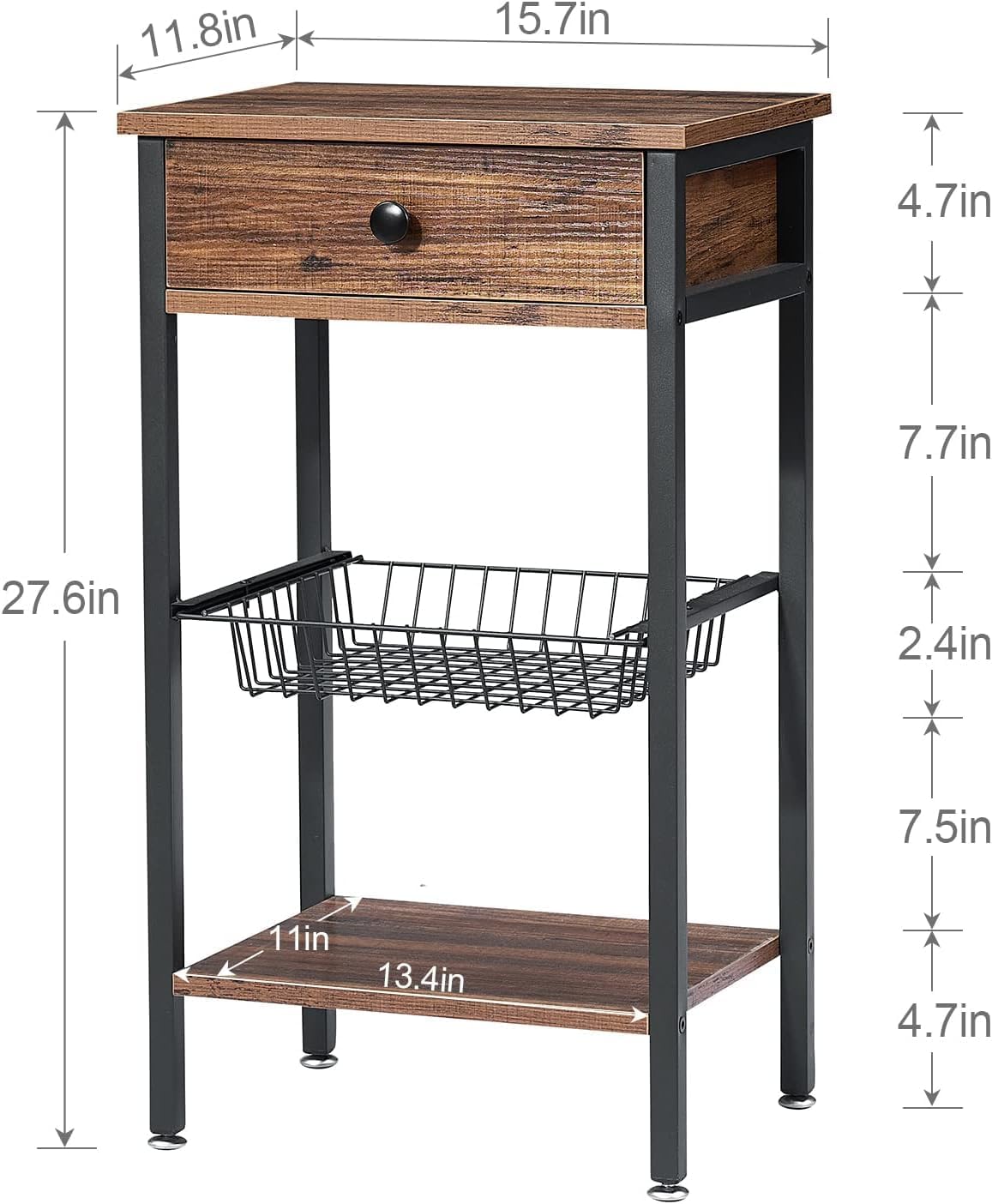 VECELO Industrial Retro Side Nightstand with Storage Shelf Tall End Tables - VECELO