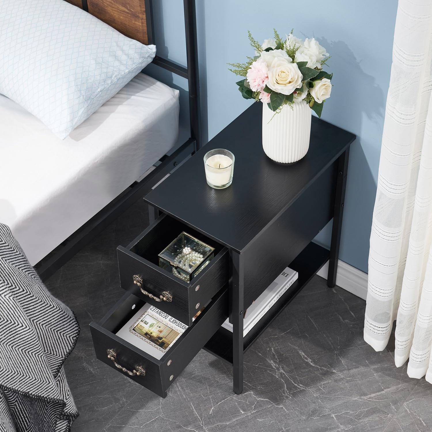 VECELO End Tables,Narrow Nightstands with Charging Station & USB Ports &Drawers - VECELO