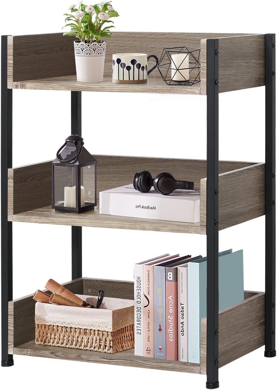VECELO 3-Tier Bookcase,Small Storage Shelves,Industrial Shelving Unit - VECELO