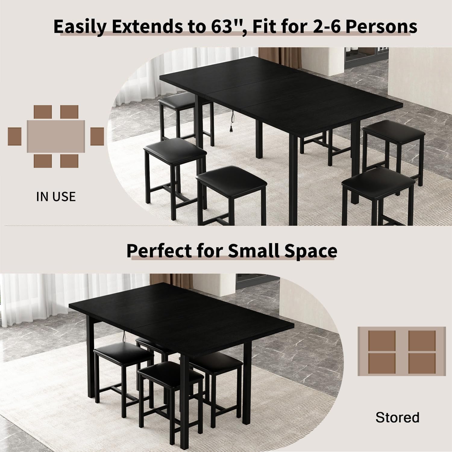 VECELO 7-Piece Dining Table Set with 6 Square Stools