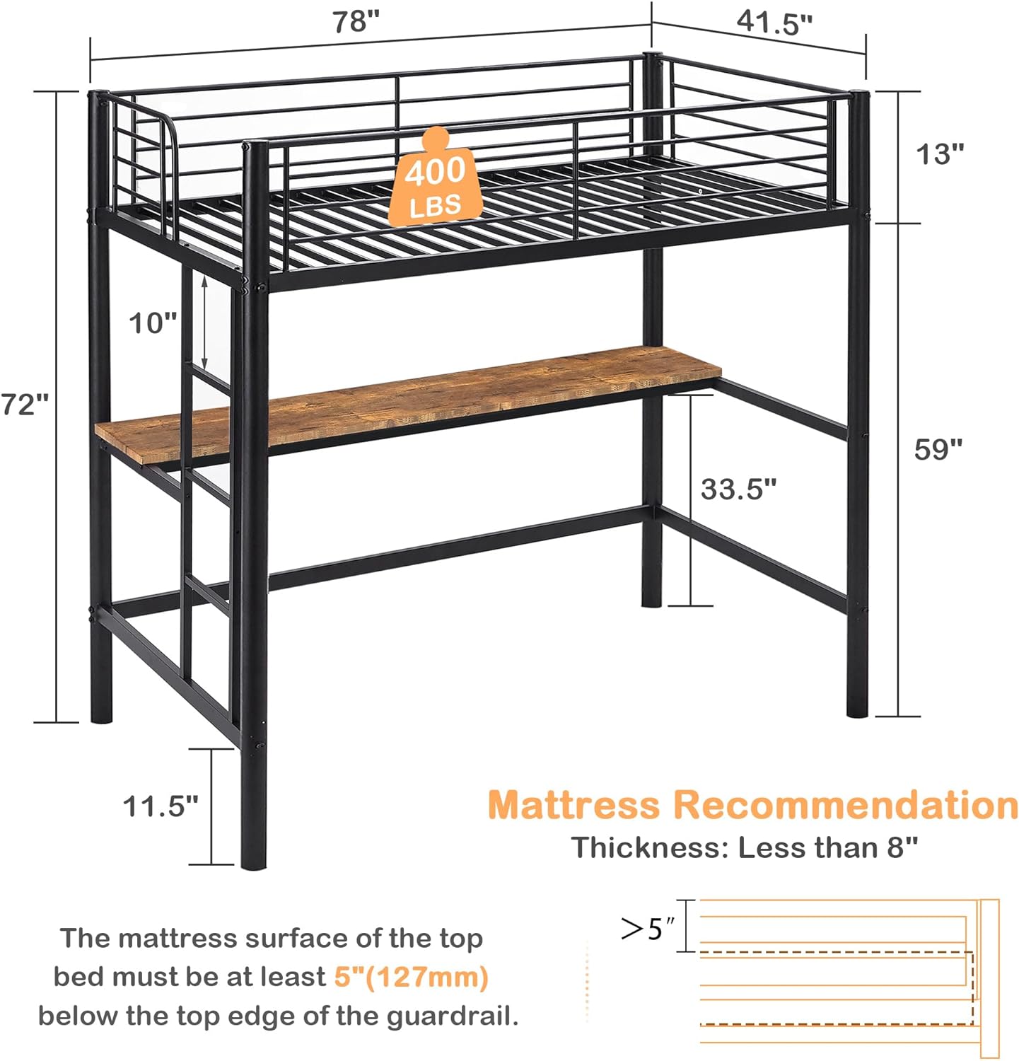 VECELO Metal Twin Size Loft Bed with Desk