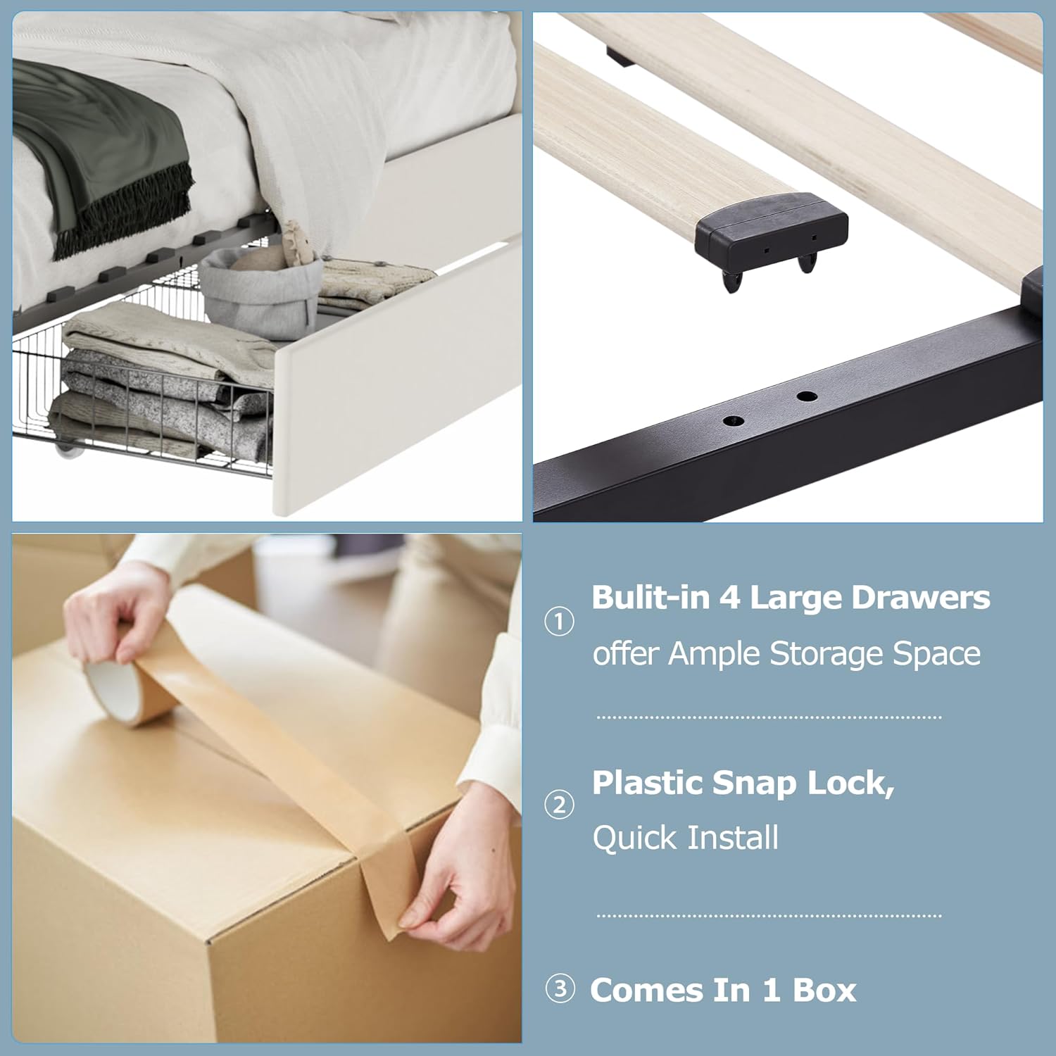 VECELO Upholstered Bed Frame with 4 Storage Drawers and Adjustable Velvet Headboard