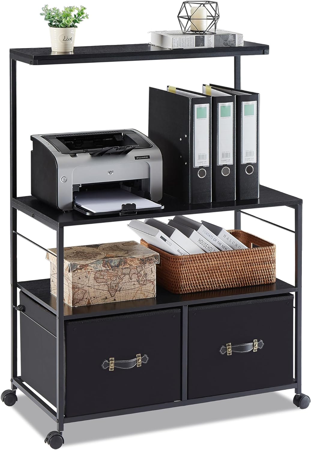 VECELO Lateral File Cabinet with 2 Big Rolling Printer Stand with 3 Open Storage Shelf - VECELO