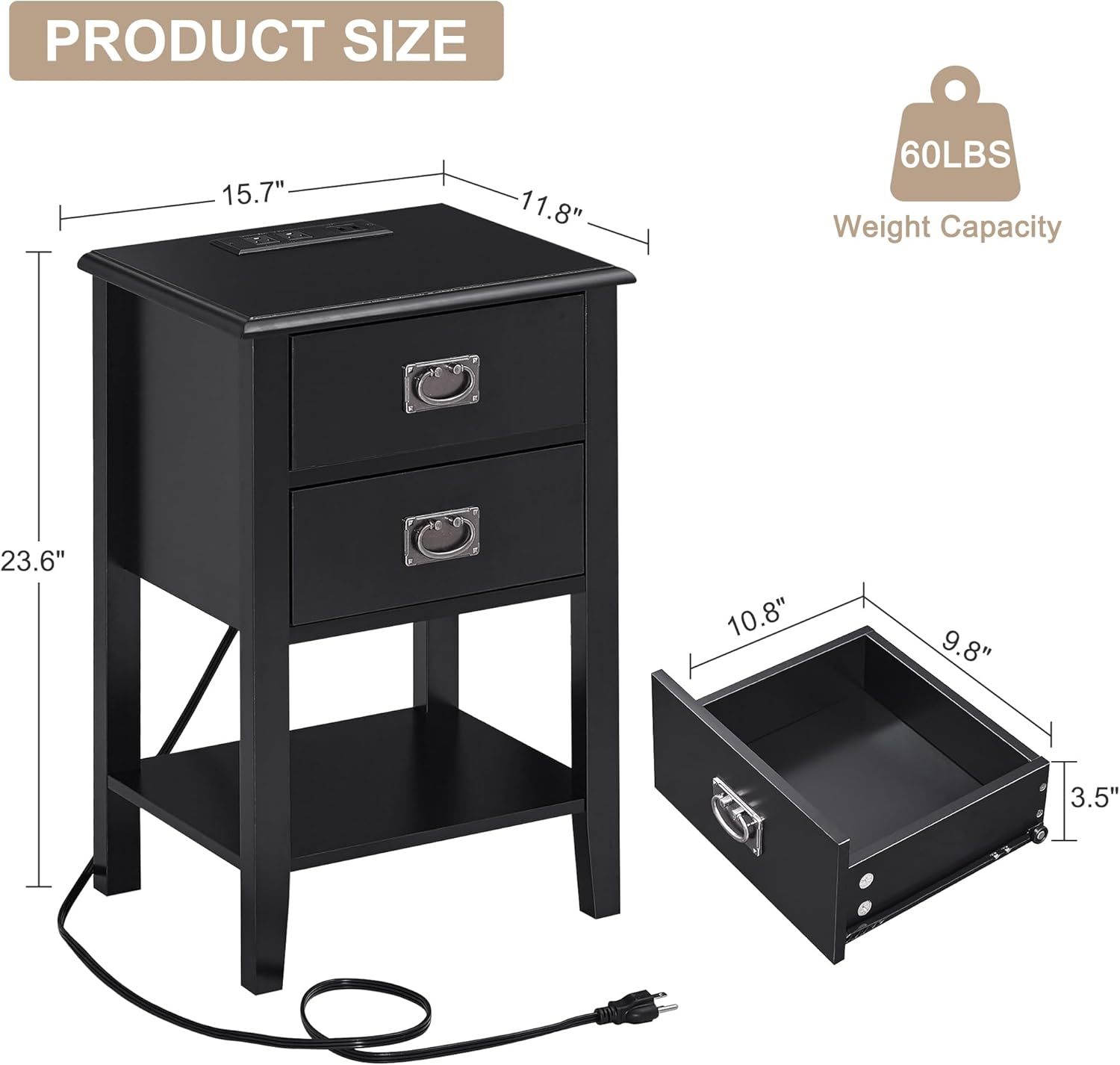 VECELO Nightstand Set of 2 with Charging Station