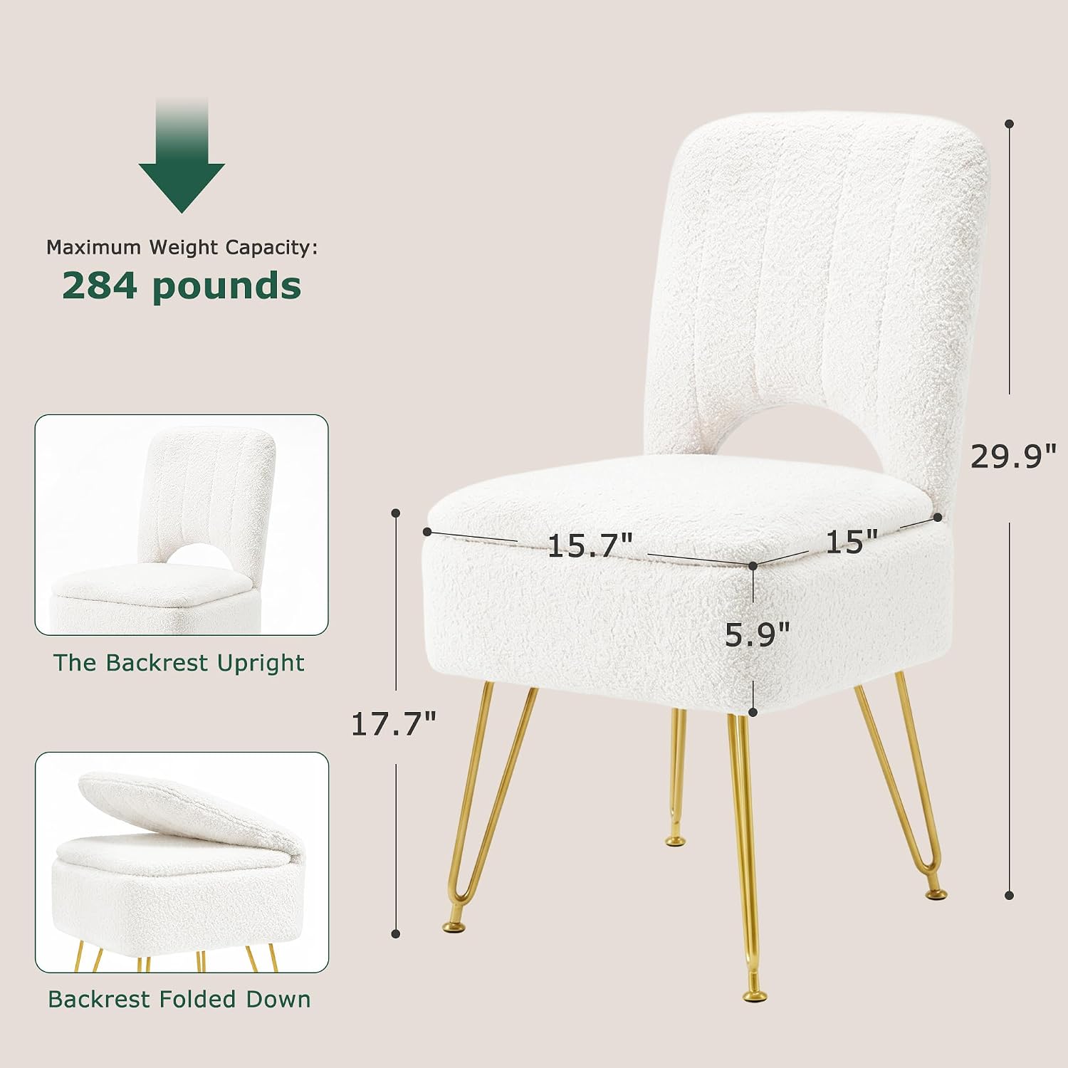 VECELO Vanity Stool Chair with Storage and Folding Back