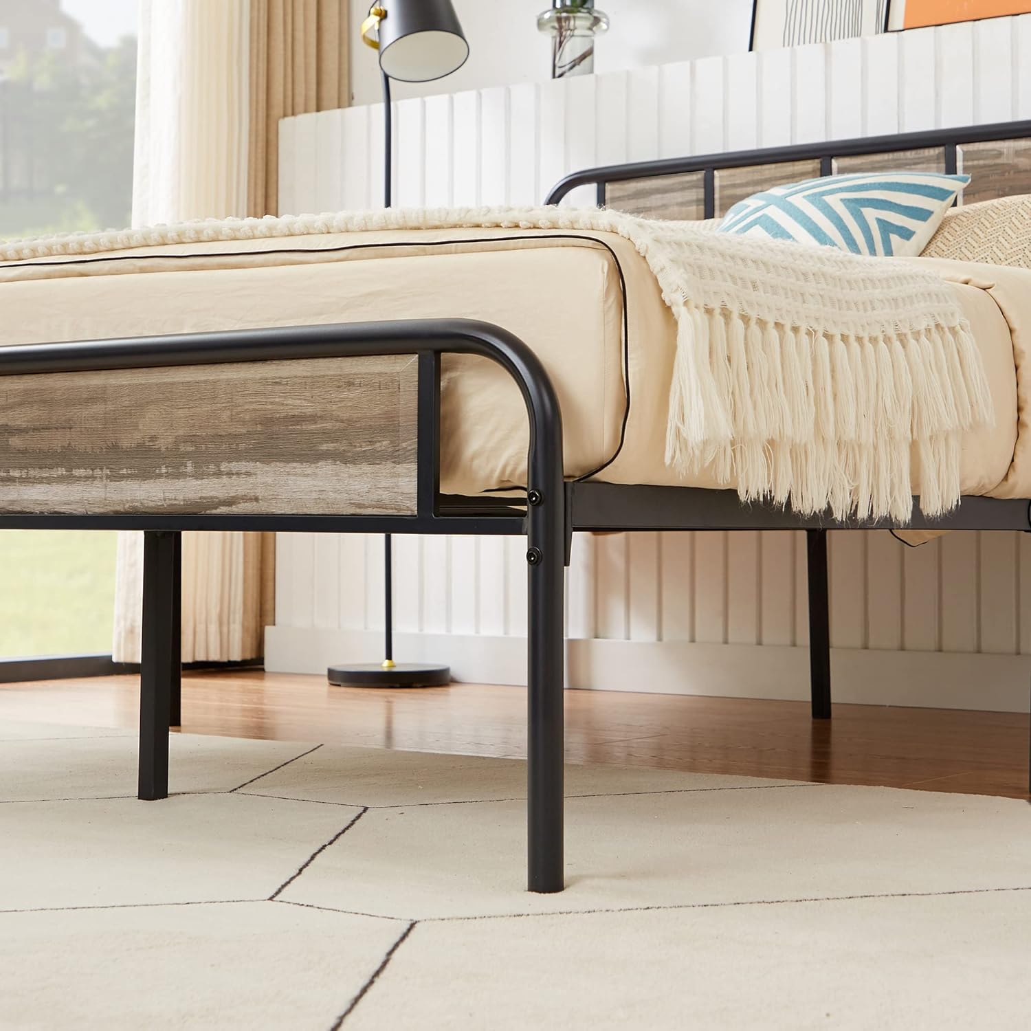 VECELO Bed Frame Metal Platform with Wooden Headboard Footboard Heavy Duty Mattress Foundation - VECELO