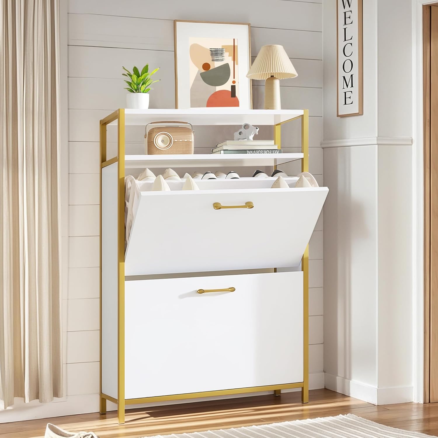 VECELO Shoe Storage Cabinet with 2 Flip Drawers