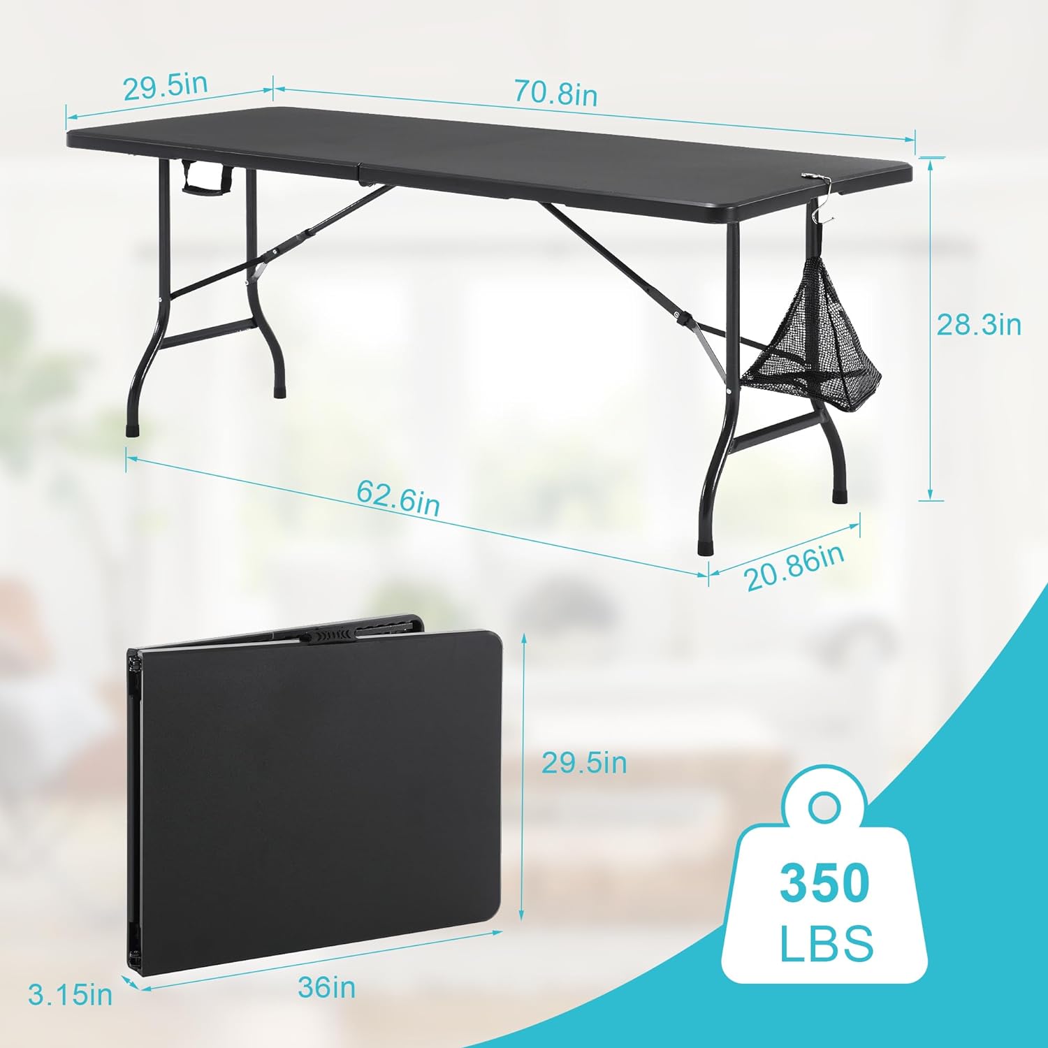 VECELO 6Ft Plastic Folding Table Heavy Duty Indoor Outdoor Portable Picnic Foldable Desk with Handle Mesh Trash Bag&Lock Legs - VECELO