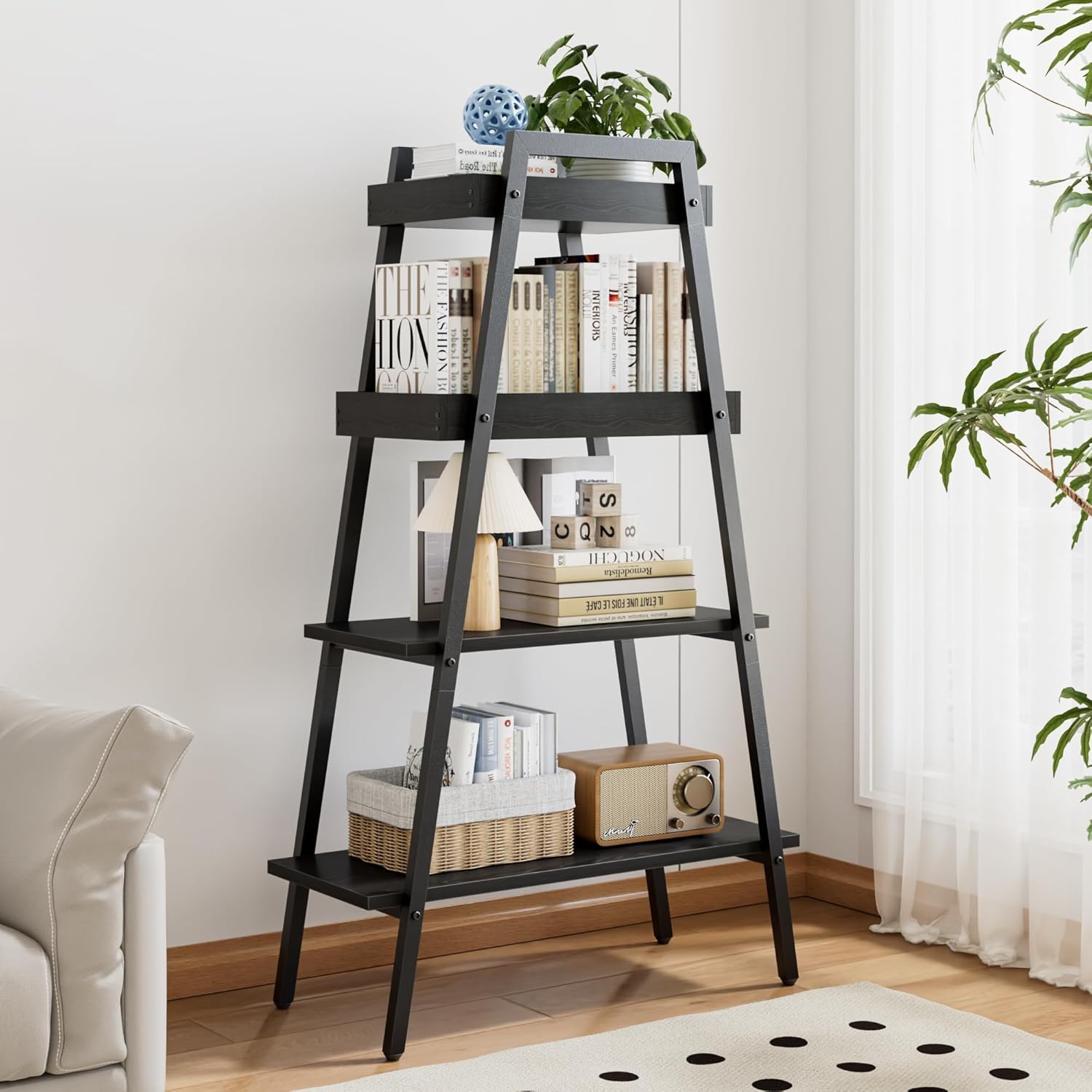 VECELO Ladder Shelf/Display Shelf 4 Tier Storage Bookcase Rack Wood & Steel - VECELO