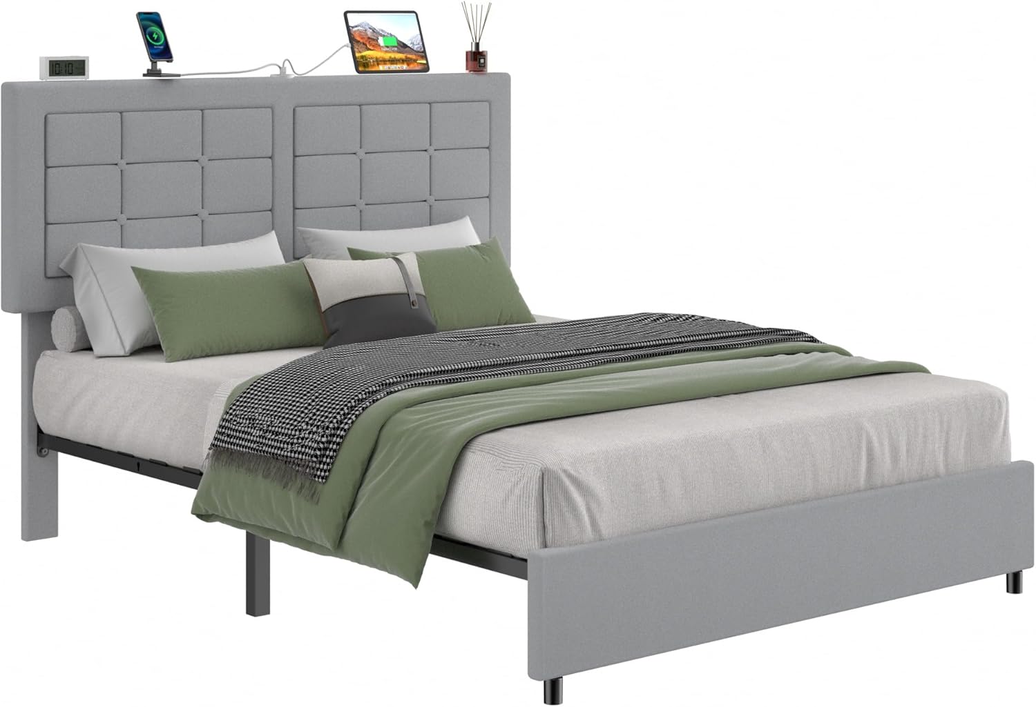 VECELO Bed Frame with 4 Drawers, Adjustable Tufted Button Headboard