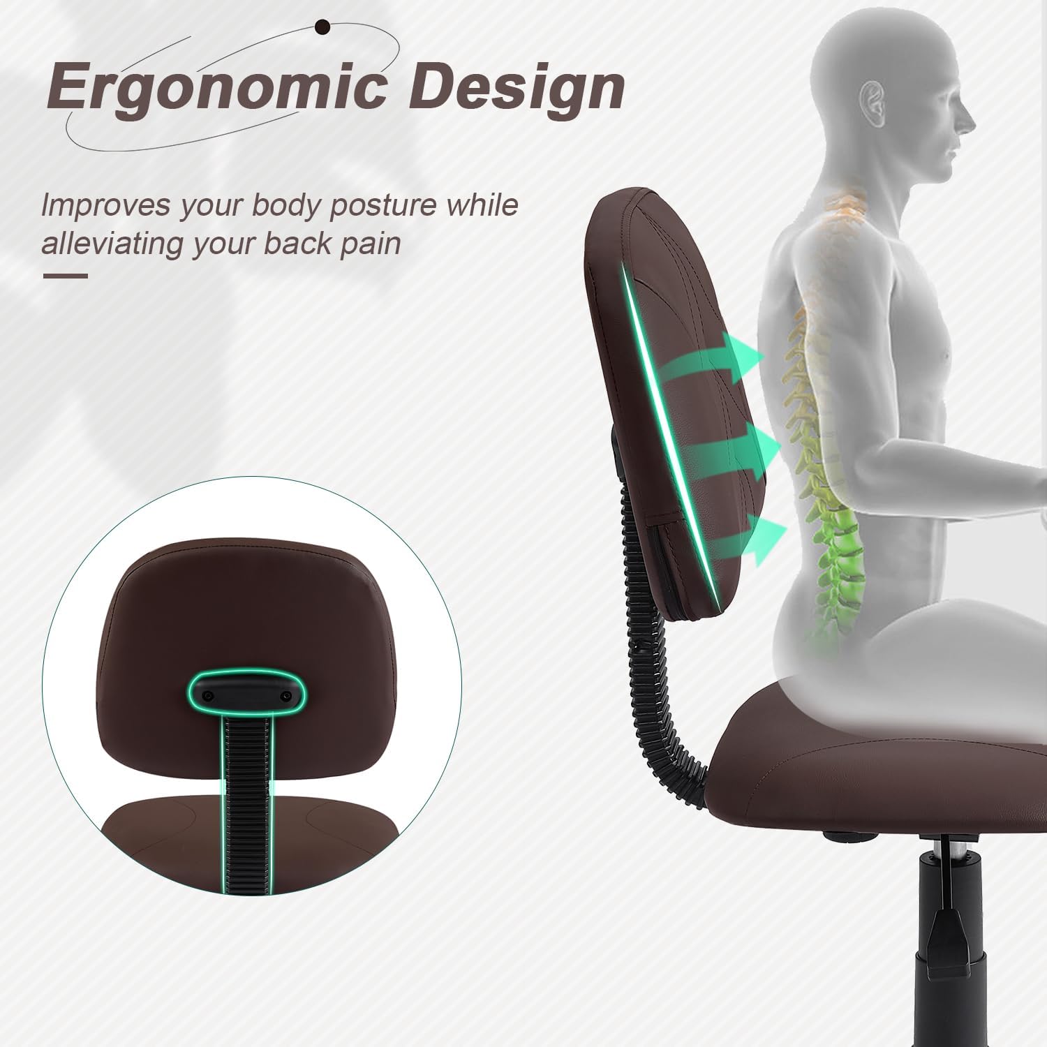 VECELO Small Desk Armless Low-Backrest PU Leather Ergonomic Computer Chair