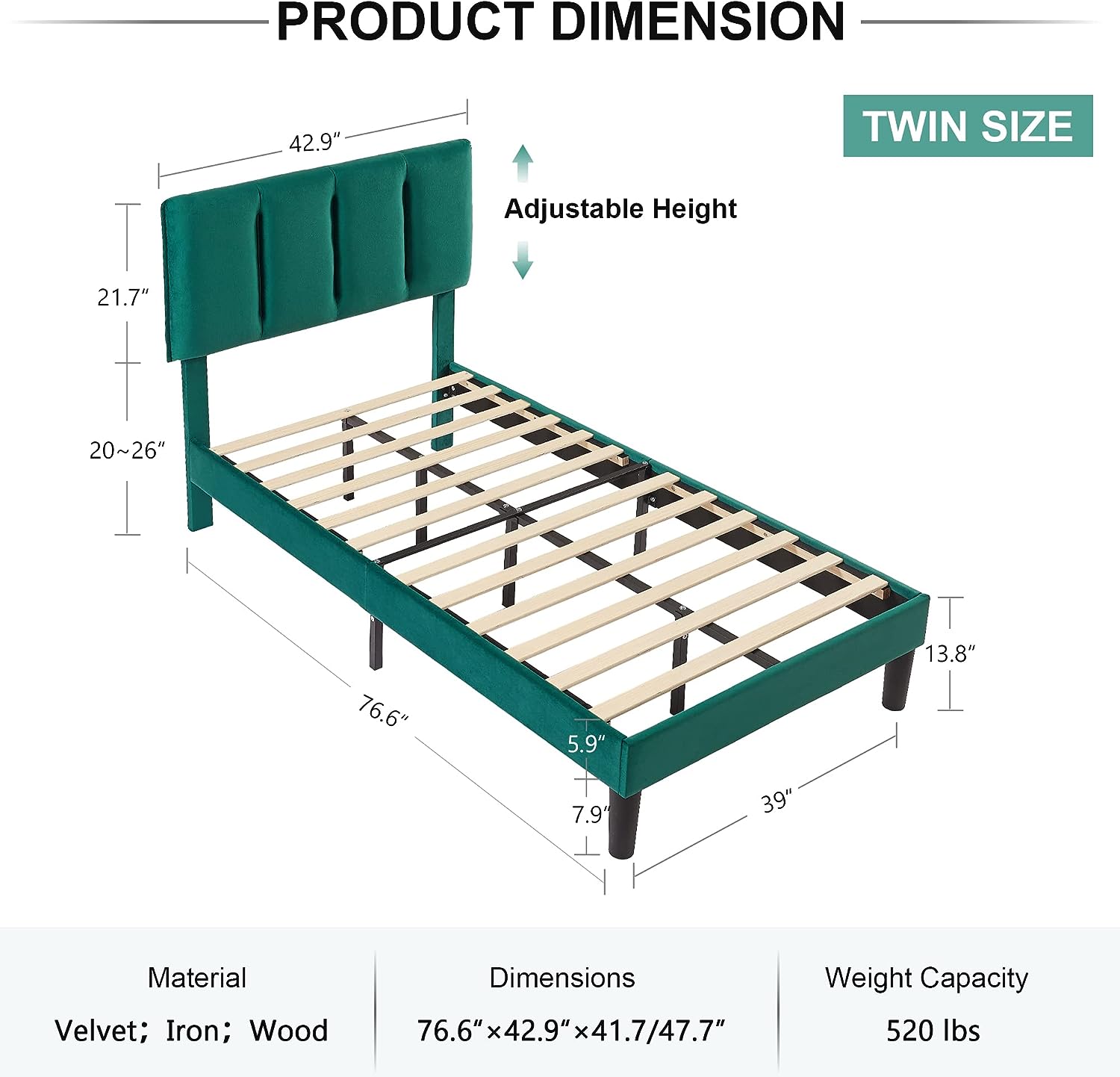 VECELO Modern Upholstered Platform Bedframe, Adjustable Headboard