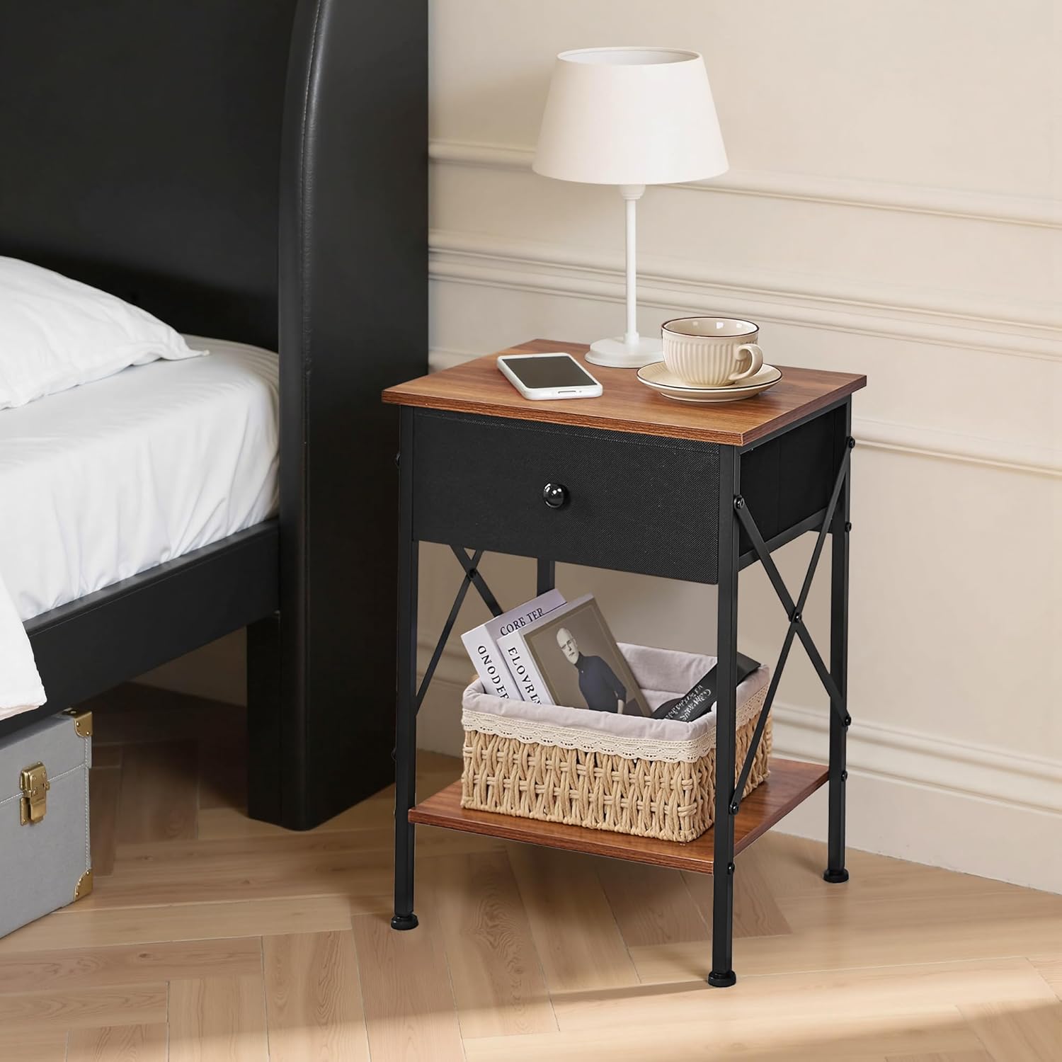 VECELO Nightstand Set of 2, X-Design End Side Table with Fabric Storage Drawer and Open Shelf