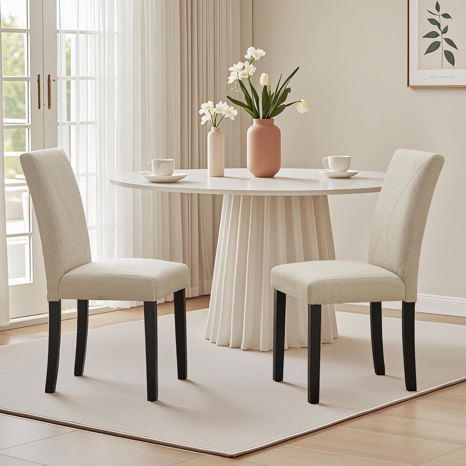 VECELO Upholstered Dining Chairs Set of 2 Modern Fabric and High Back & Solid Wood Legs for Kitchen