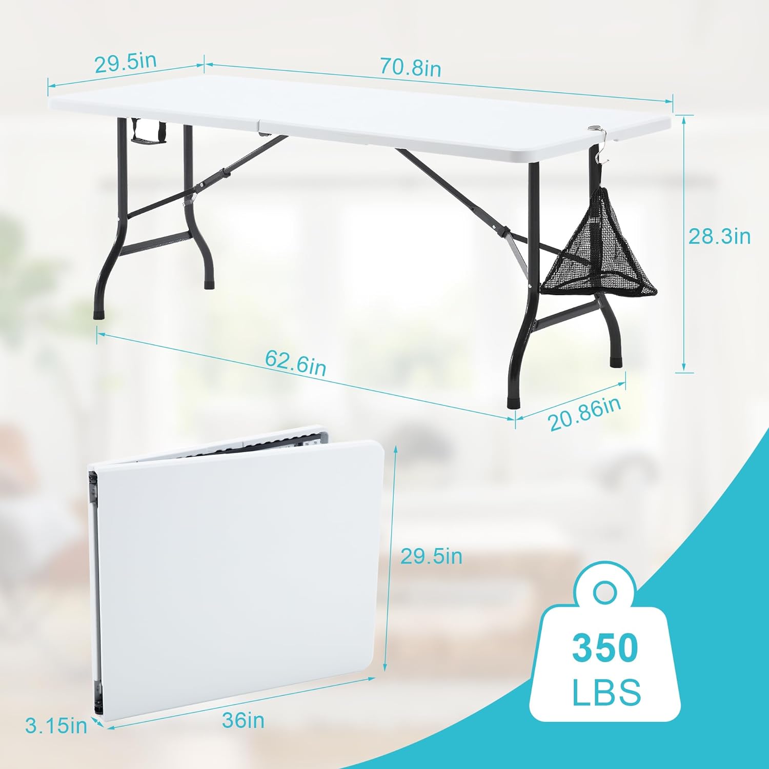 VECELO 6Ft Plastic Folding Table Heavy Duty Indoor Outdoor Portable Picnic Foldable Desk with Handle Mesh Trash Bag&Lock Legs - VECELO