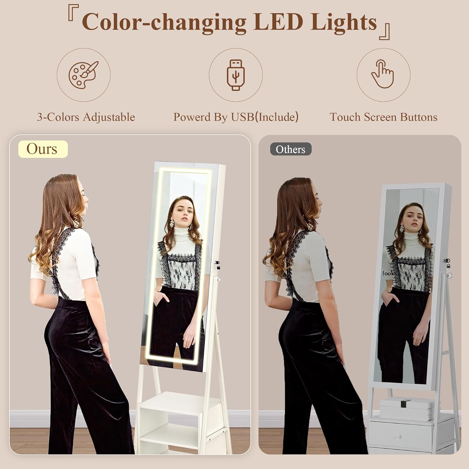 Jewelry Cabinet Armoire with Adjustable LED Lights