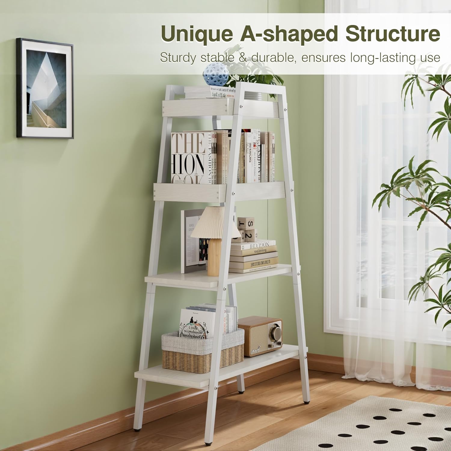 VECELO Ladder Shelf/Display Shelf 4 Tier Storage Bookcase Rack Wood & Steel - VECELO