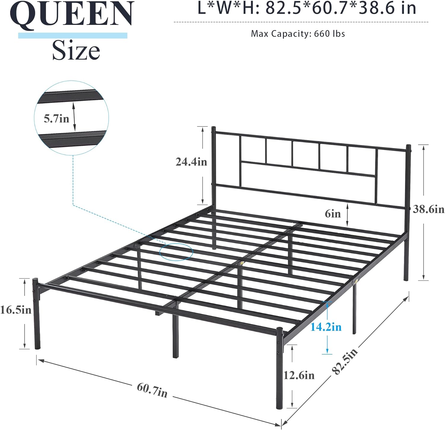 VECELO Bed Frame, 14 Inch Metal Platform with Headboard, Heavy Duty Steel Slat Support - VECELO