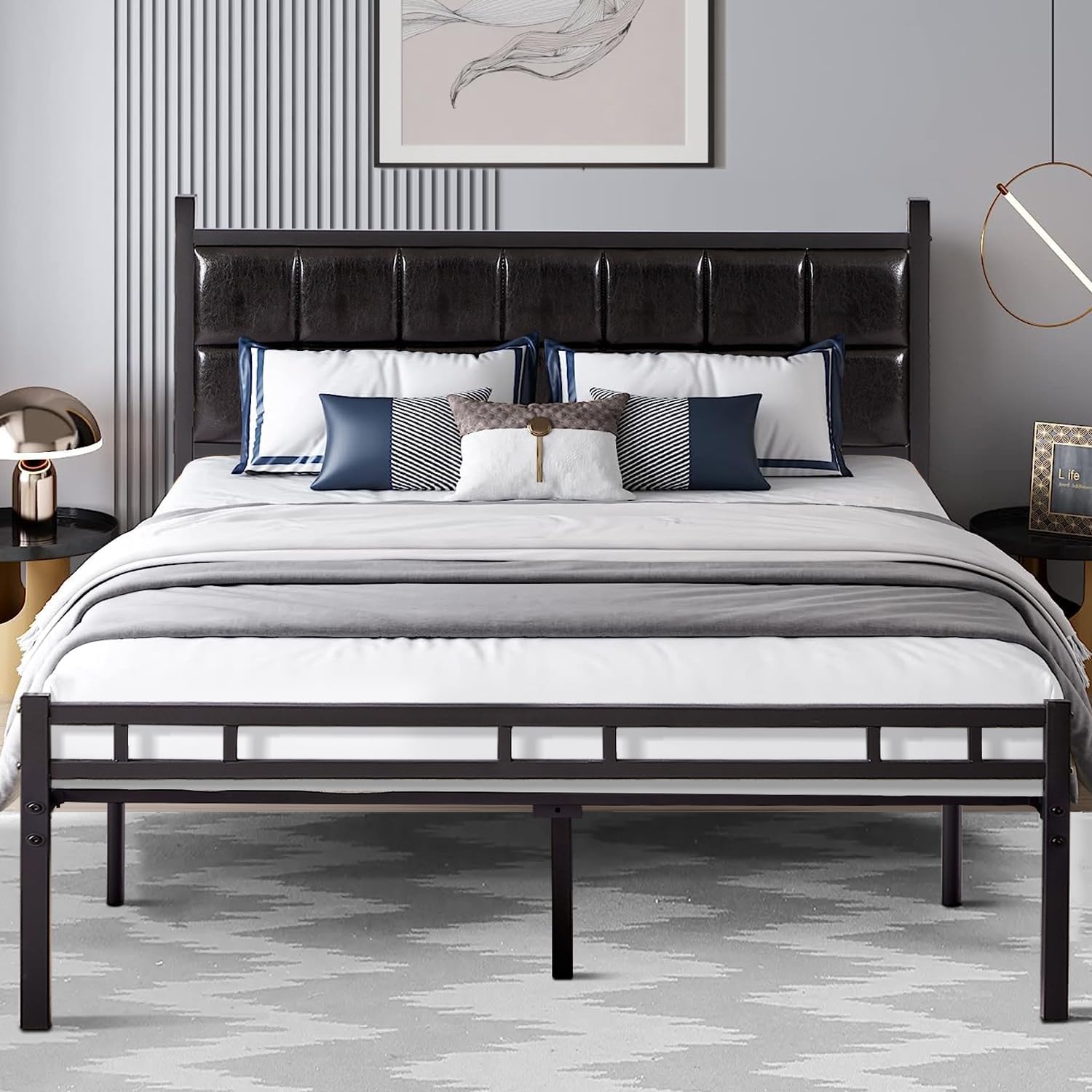 VECELO Bed Frame with PU Upholstered Headboard Metal Slats Support, No Box Spring Needed - VECELO