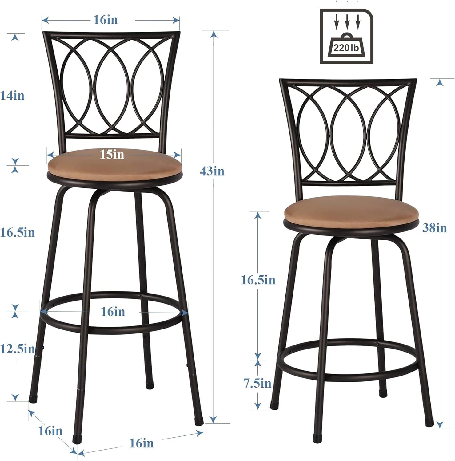 VECELO Barstools with 360 Degree Swivel Seat Top, Adjustable Counter Stools, Steel Bistro Pub Chairs - VECELO
