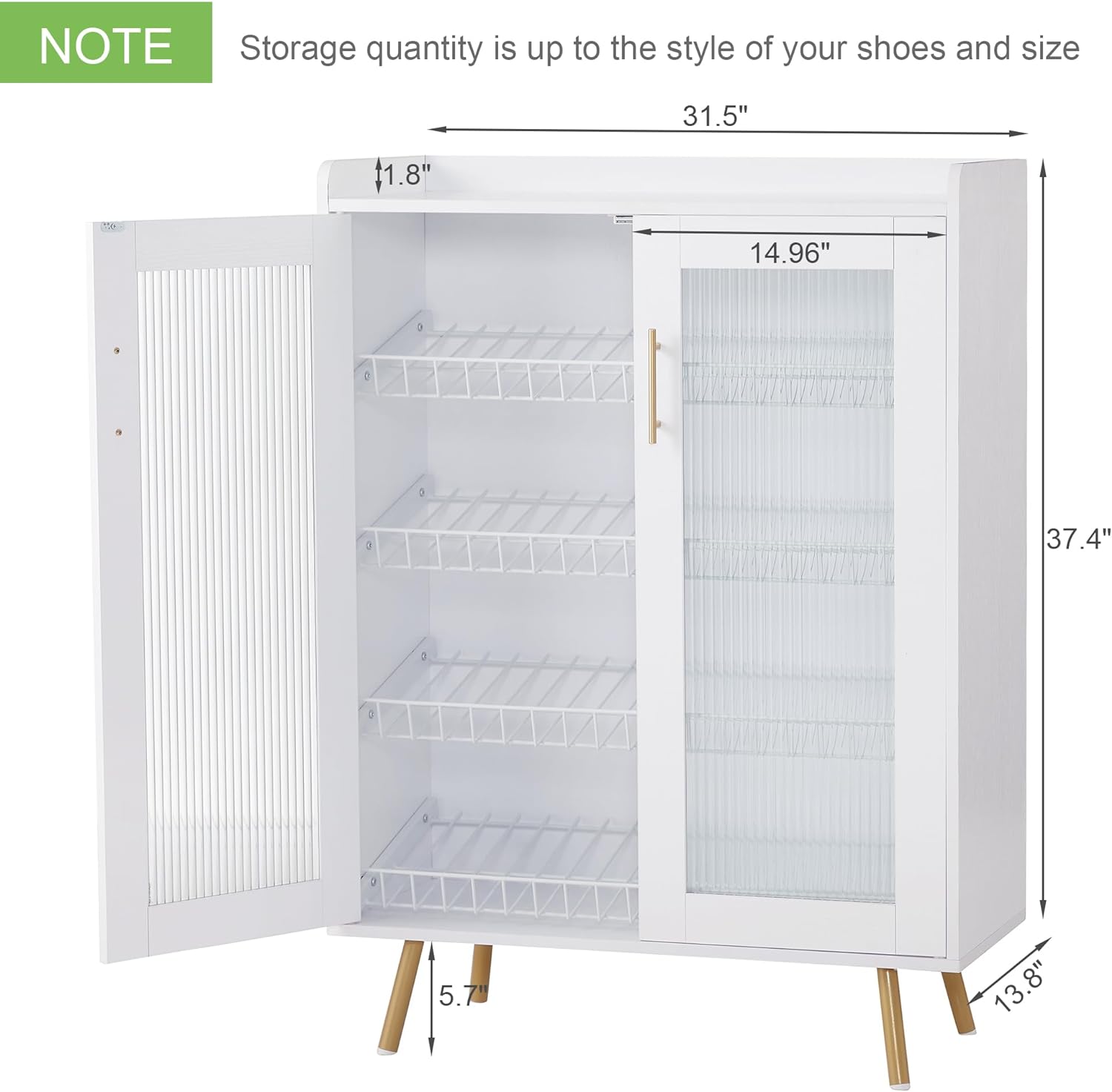 VECELO 4-Tier Shoe Storage Cabinet with Glass Doors and Shelves - VECELO