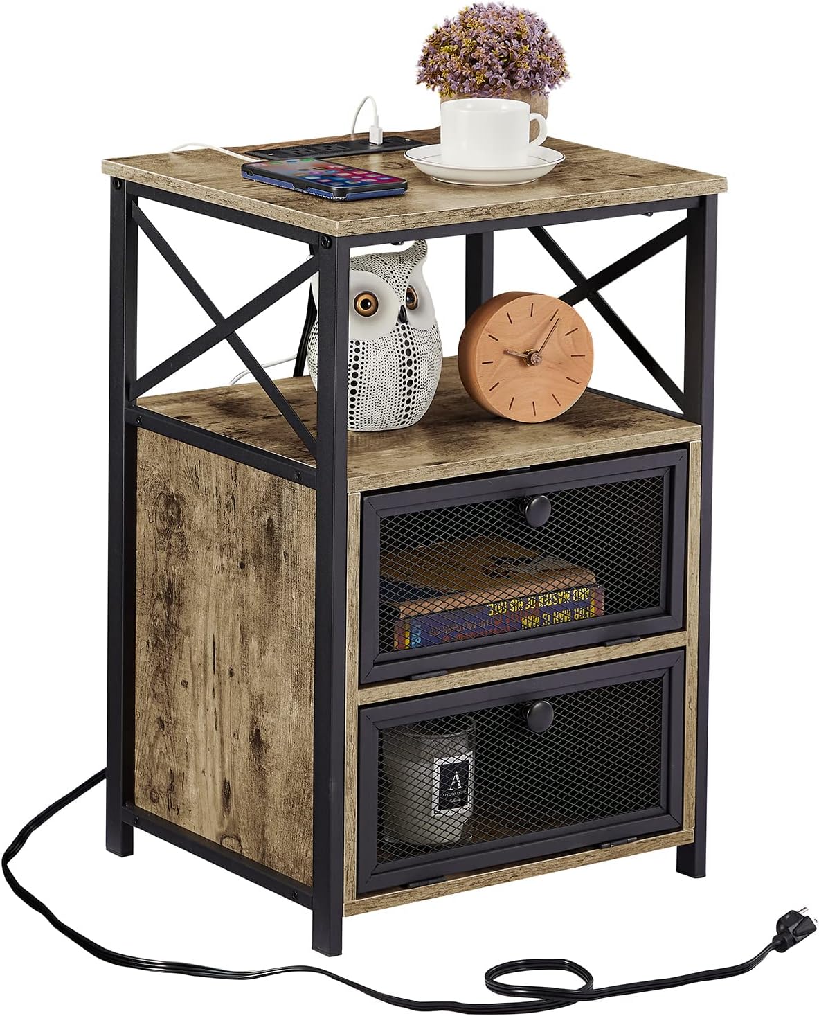 End Side Tables with Charging Station,2 Flip Drawers and USB Ports & Power Outlets