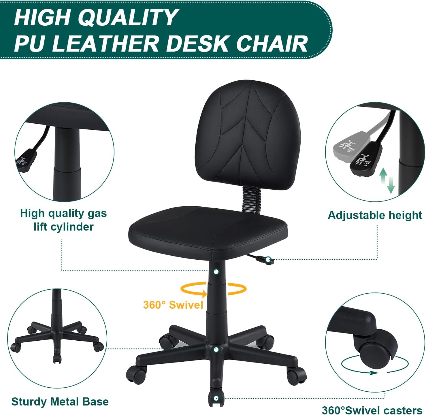 VECELO Small Desk Armless Low-Backrest PU Leather Ergonomic Computer Chair