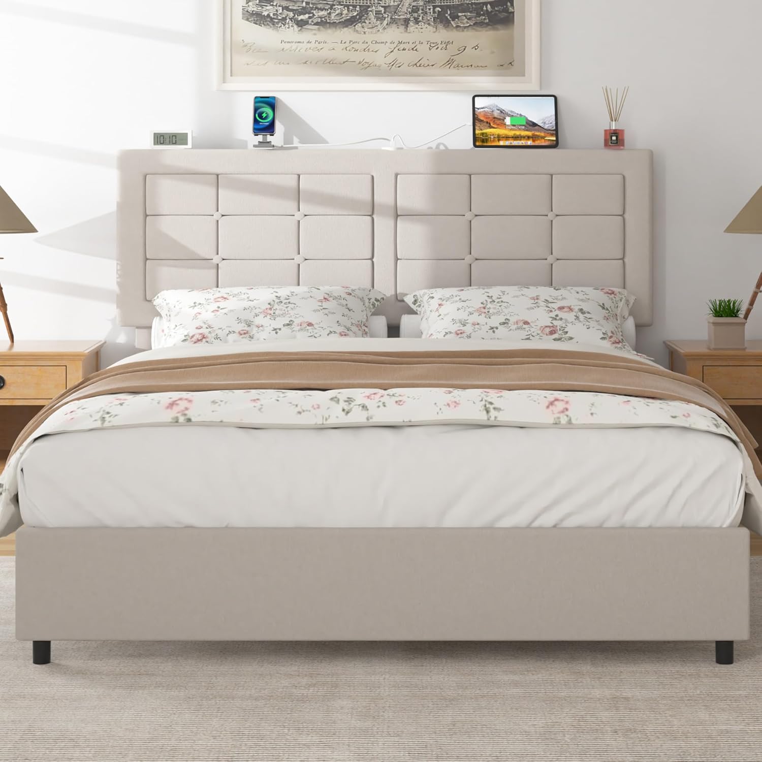 VECELO Bed Frame with 4 Drawers, Adjustable Tufted Button Headboard
