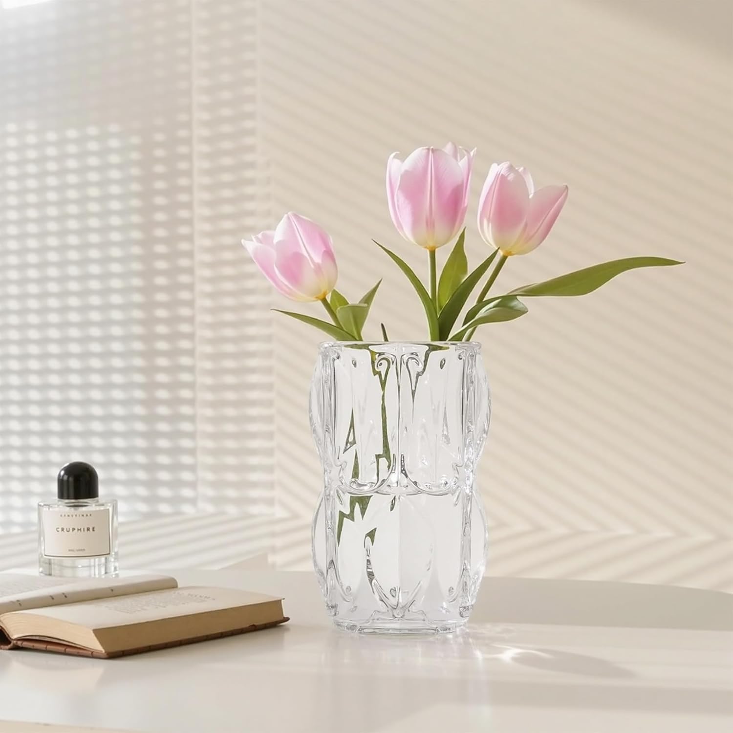 VECELO Crystal Glass Vase - Textured Clear Flower Vase