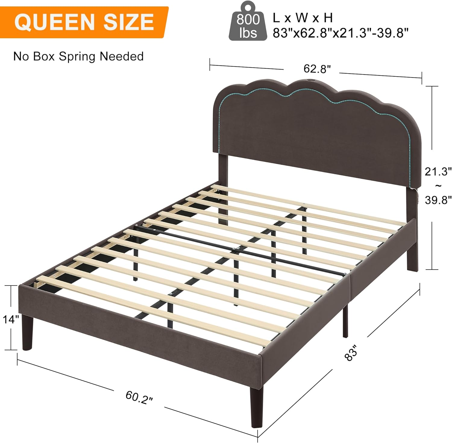 VECELO Upholstered Velvet Platform Bed Frame with Headboard Adjustable, LED Lights, USB-A & Type-C