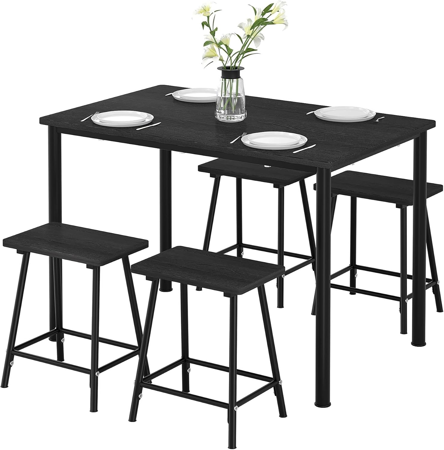 VECELO 5-Piece Dining Table Set Metal and Wood Kitchen Furniture with 4 Stools
