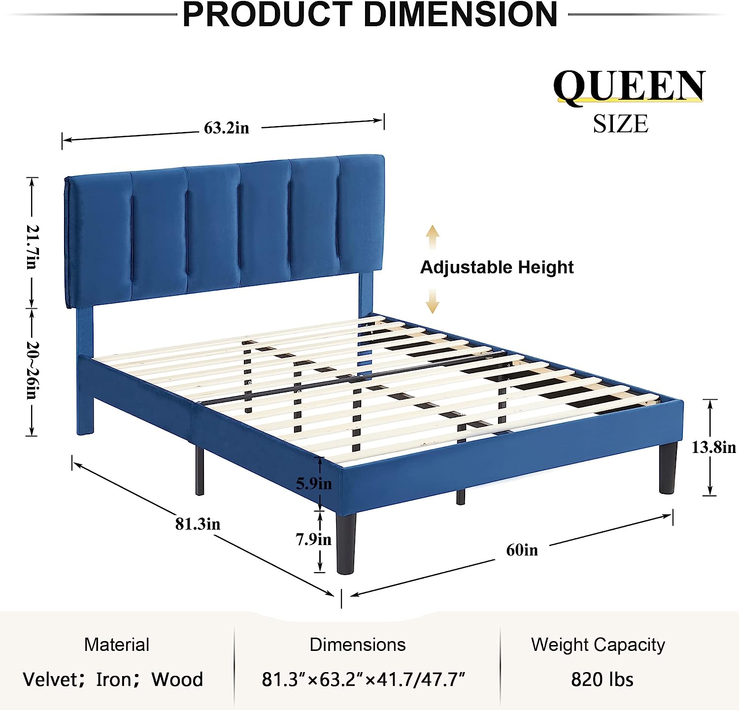 VECELO Modern Upholstered Platform Bedframe, Adjustable Headboard - VECELO