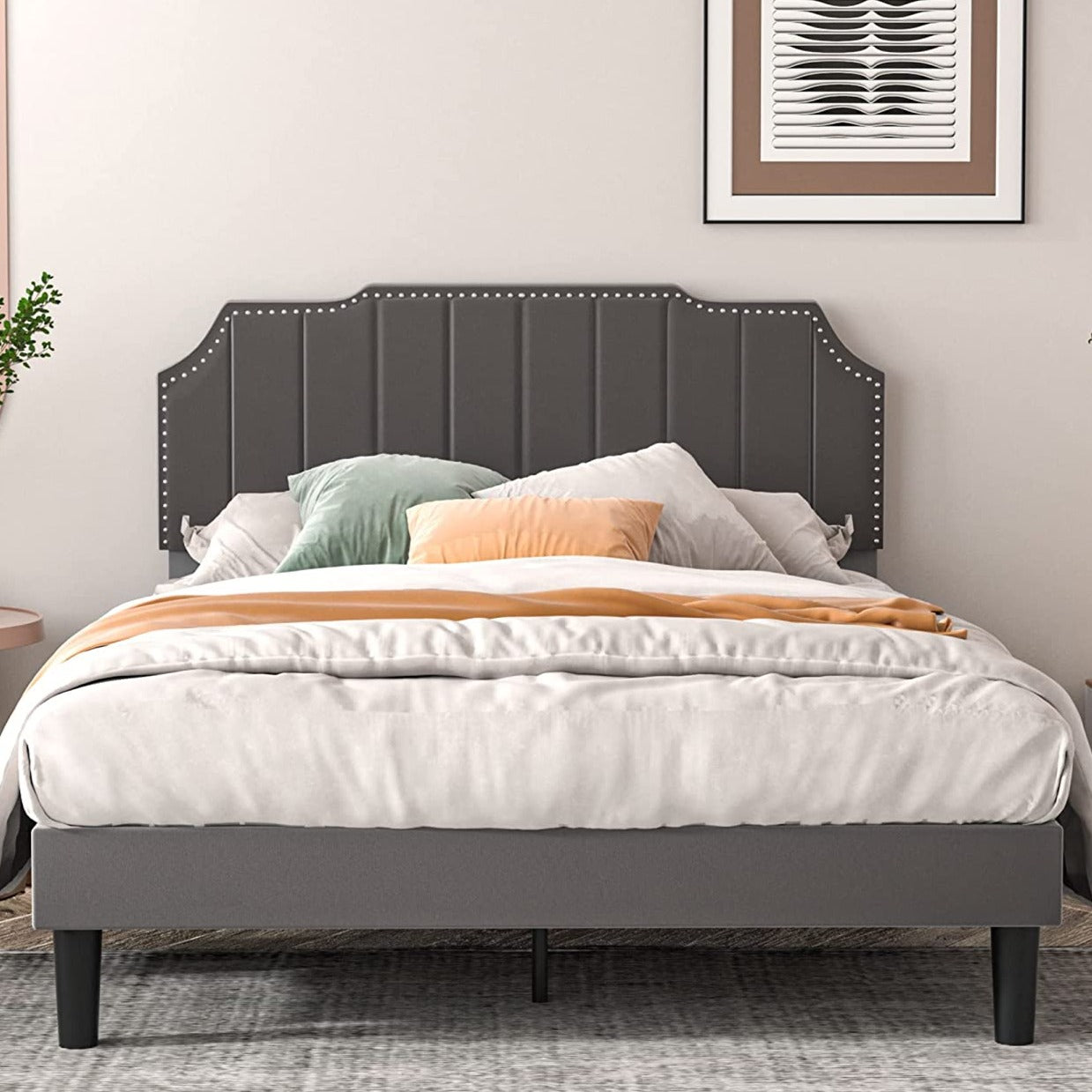 Upholstered Platform Bed Frame with Tufted Adjustable Headboard