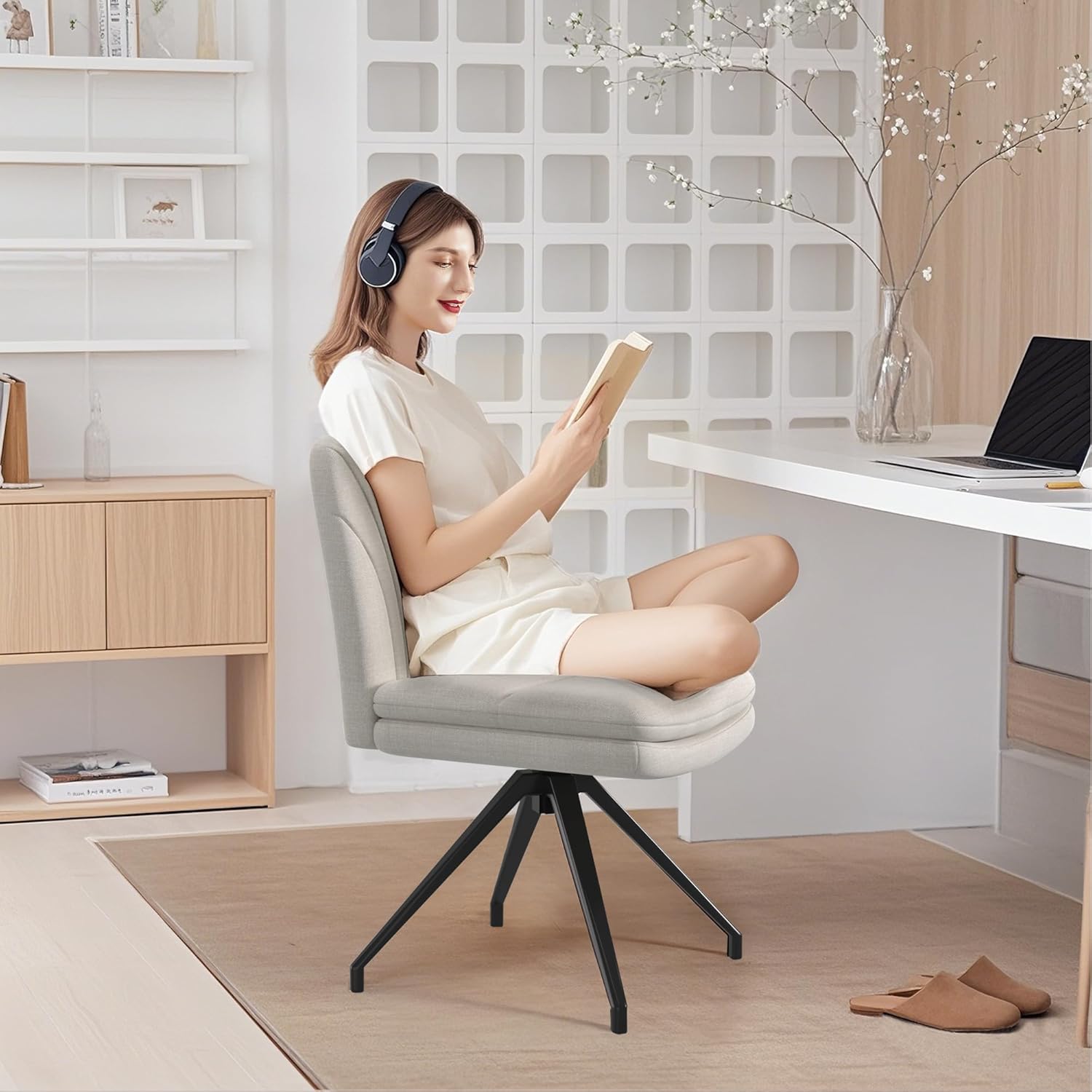 VECELO Armless Office Desk Chair, Criss Cross Legged Vanity Chair with Wide Padded Seat - VECELO