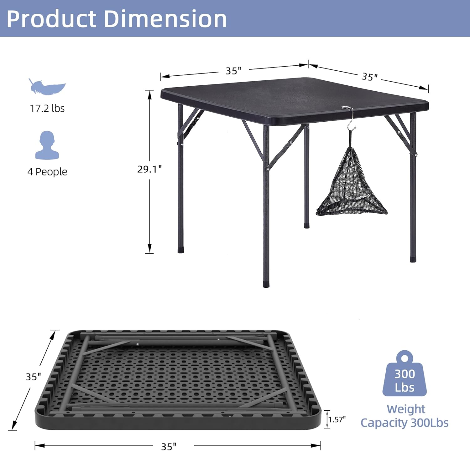 VECELO Folding Plastic Card Table Square with Mesh Bag - VECELO