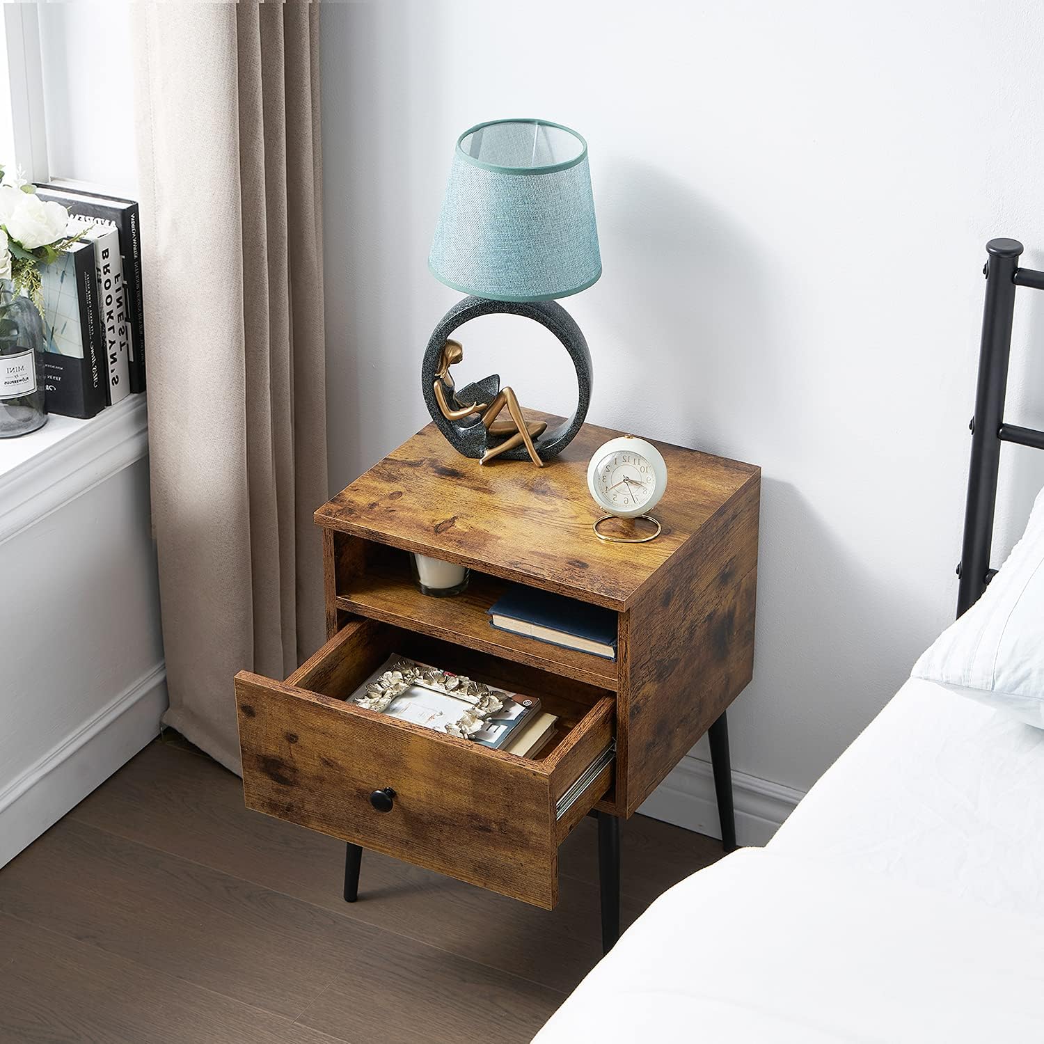 Modern Nightstand Square End Side Table with Drawer and Storage Space