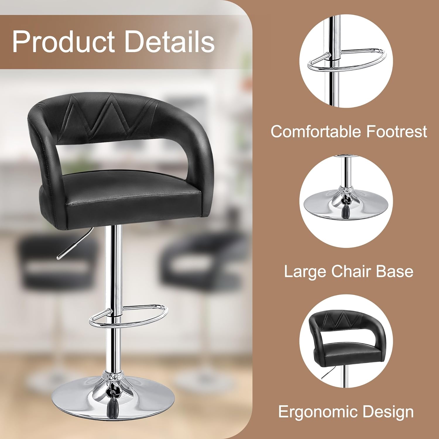 VECELO Bar Stools Set of 2 Adjustable Swivel Modern Pu Leather Barstools - VECELO