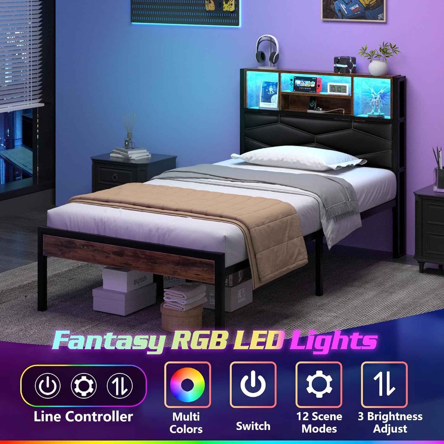 VECELO Bed Frame with 2-Tier Storage Headboard and Charging Station