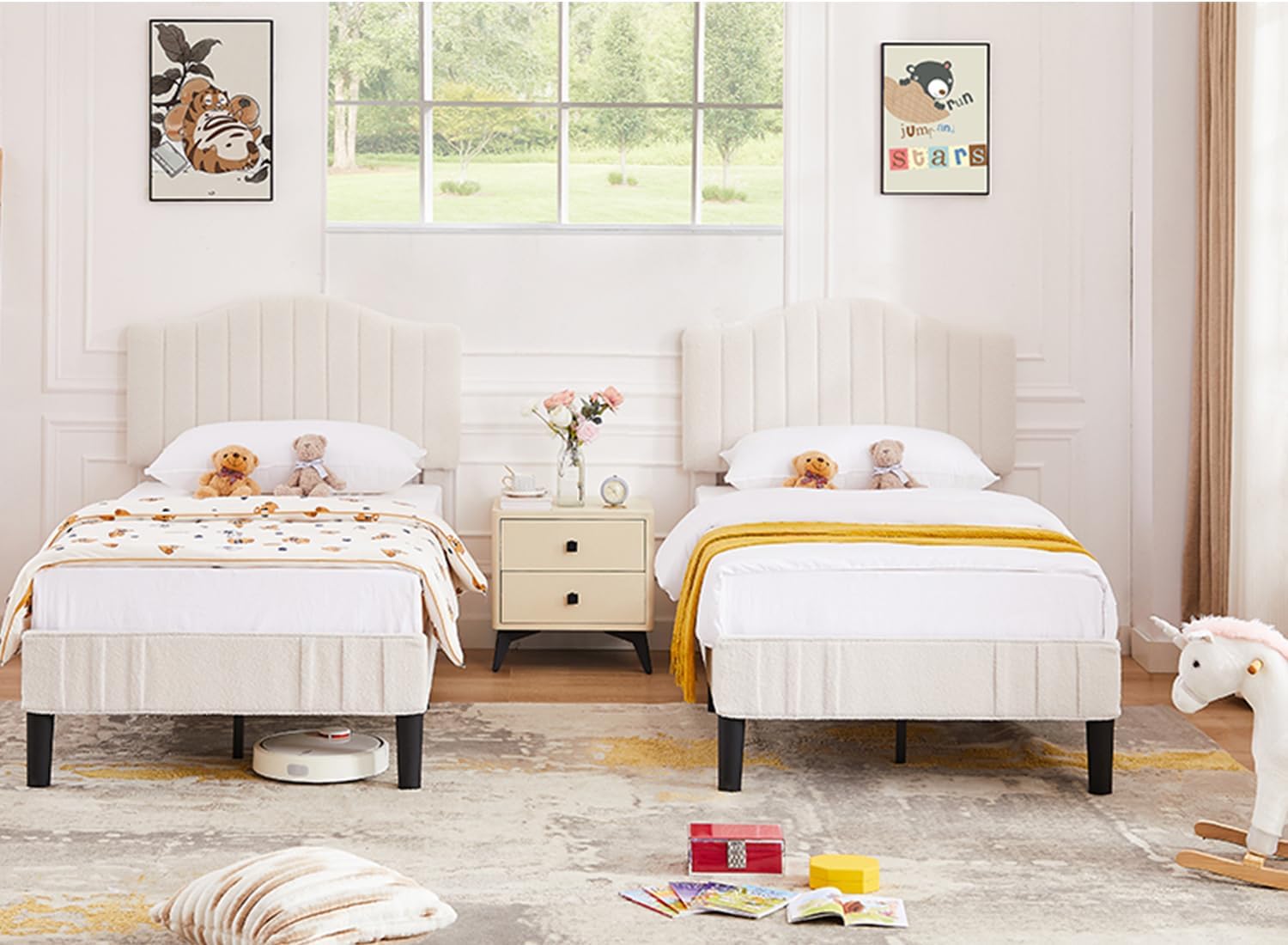 VECELO Upholstered Platform Bed Frame with Sheepskin Fabric Adjustable Headboard/Strong Wood Slats Supports