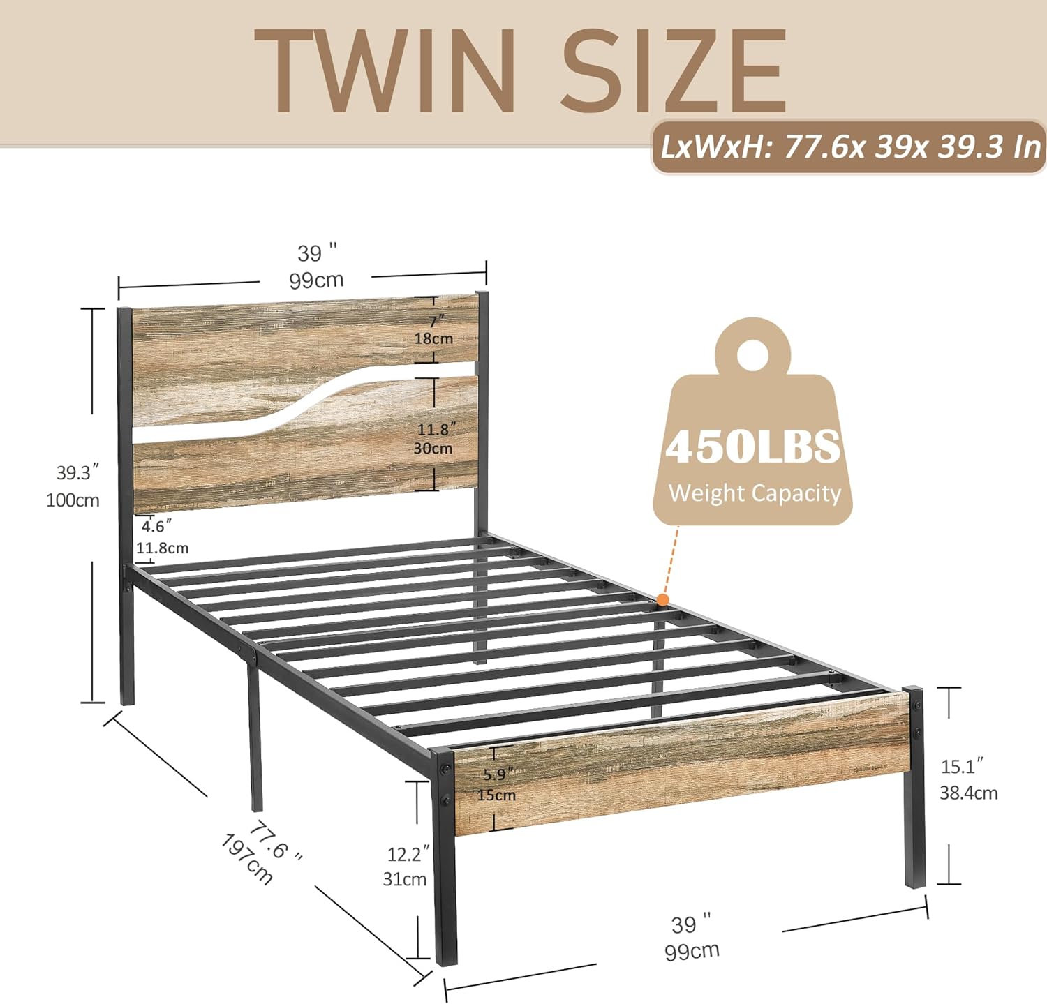 VECELO Platform Bed Frame/Mattress Foundation with Rustic Vintage Wood Headboard