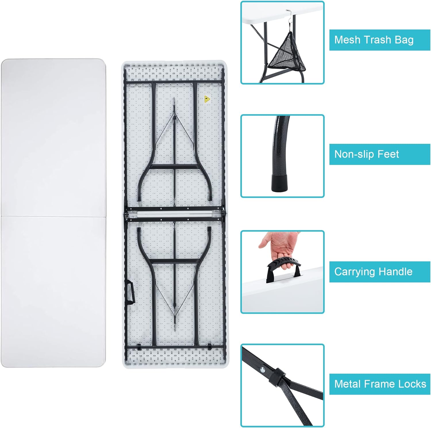 VECELO 6Ft Plastic Folding Table Heavy Duty Indoor Outdoor Portable Picnic Foldable Desk with Handle Mesh Trash Bag&Lock Legs - VECELO