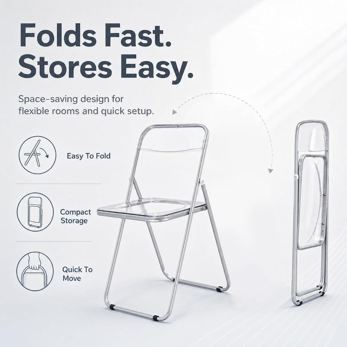 VECELO Transparent Acrylic Folding Chairs Set of 4 or 8 Clear Stackable Dining Chairs Metal Frame