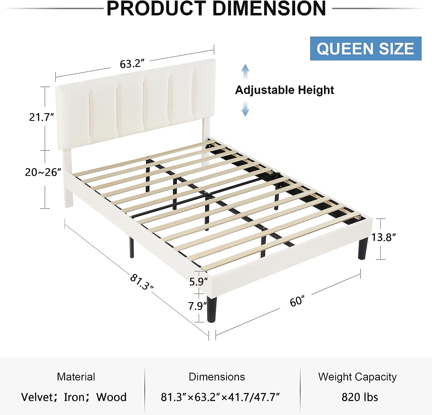 VECELO Modern Upholstered Platform Bedframe, Adjustable Headboard