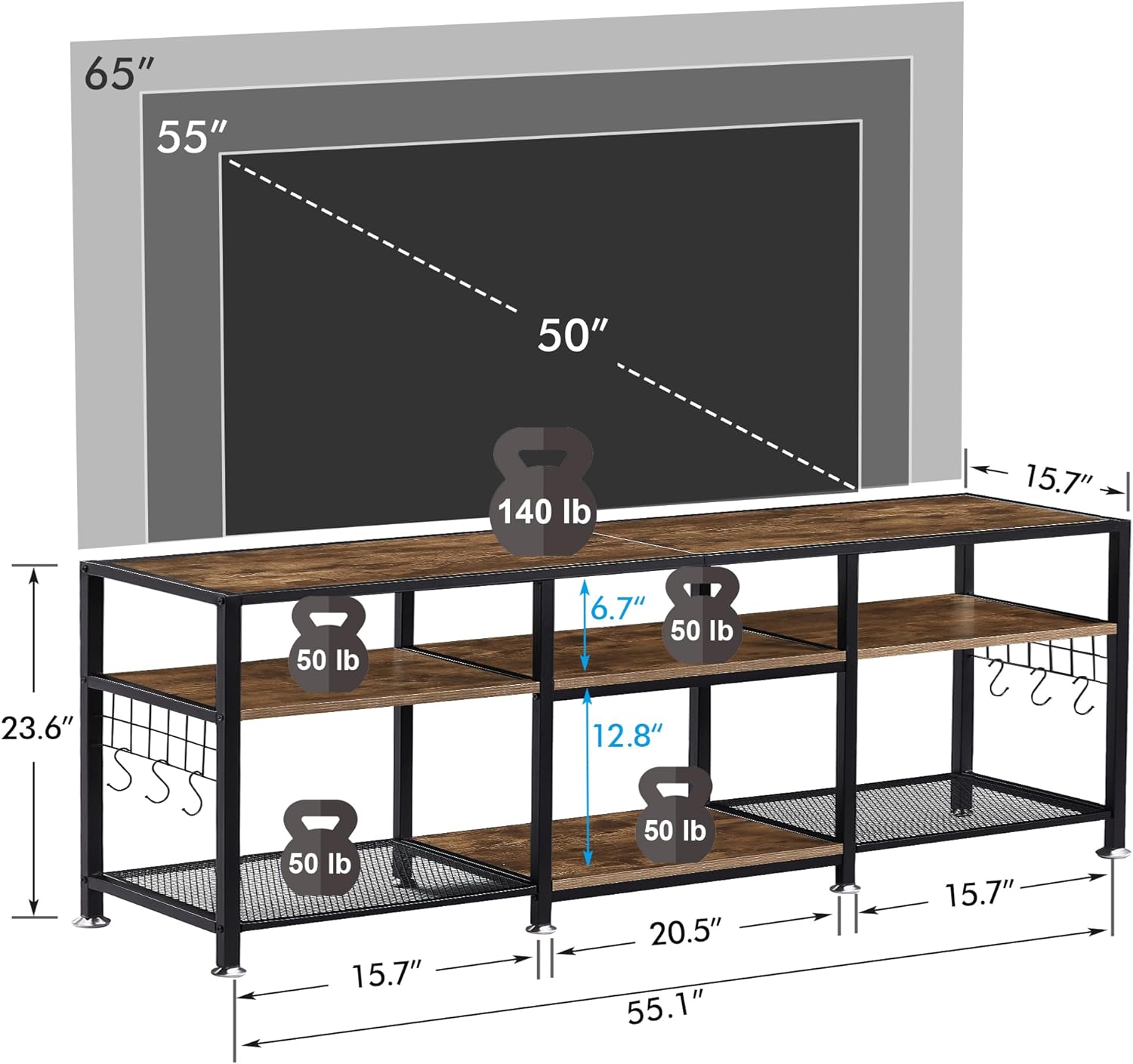 VECELO TV Stand Entertainment Center Media Console with 3-Tier Open Storage Shelves, Cabinet Table for Living Room Brown
