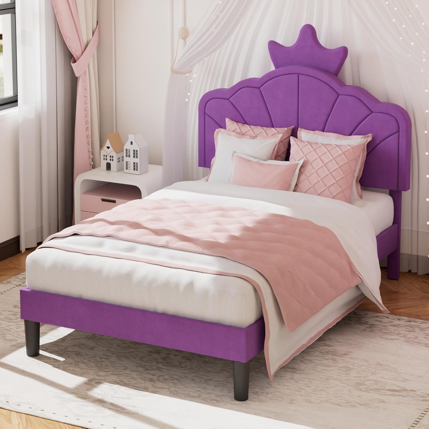 VECELO Twin Size Bed Frame with Crown Headboard