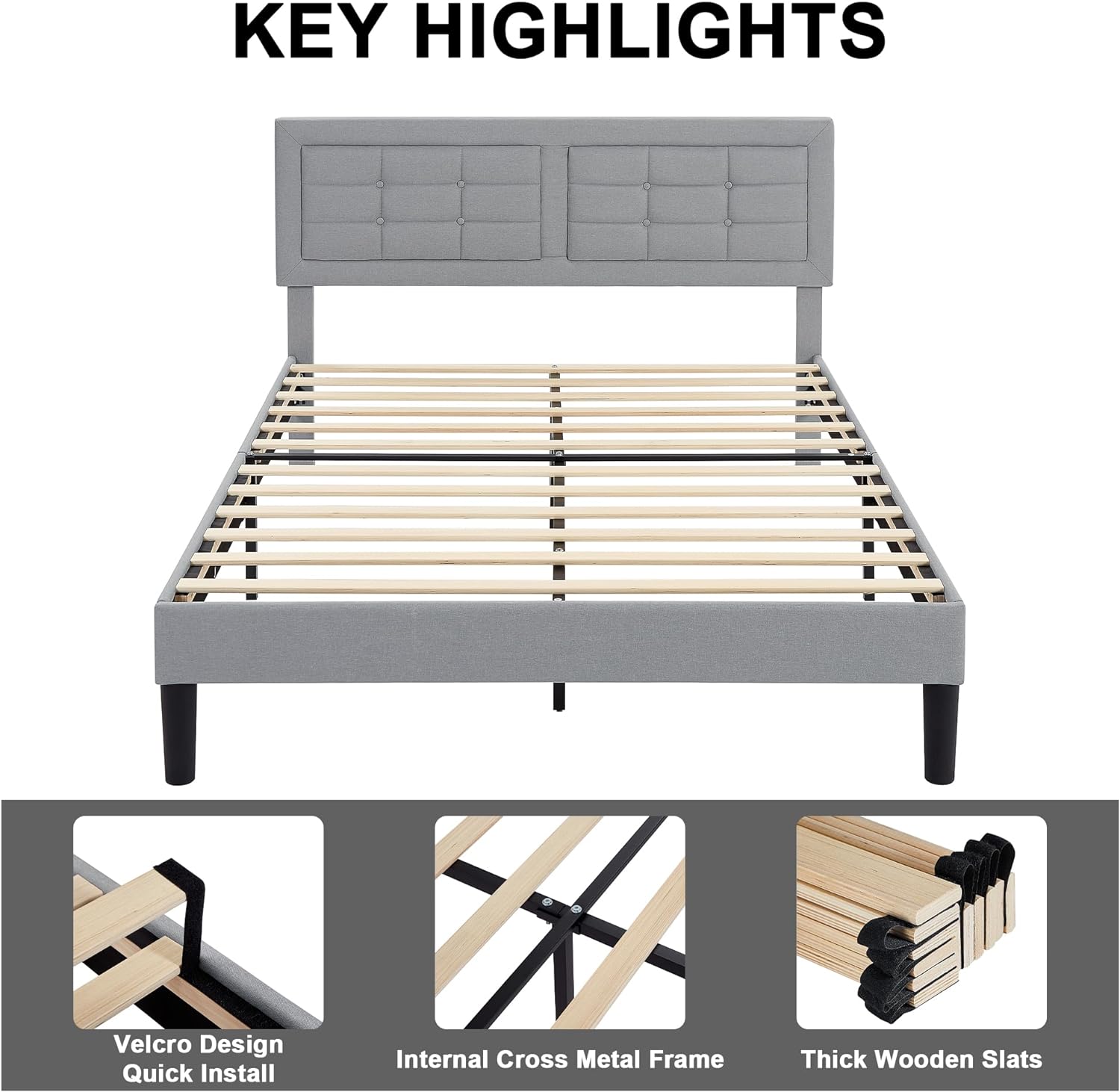 VECELO Upholstered Platform Bed Frame with Height Adjustable Headboard - VECELO