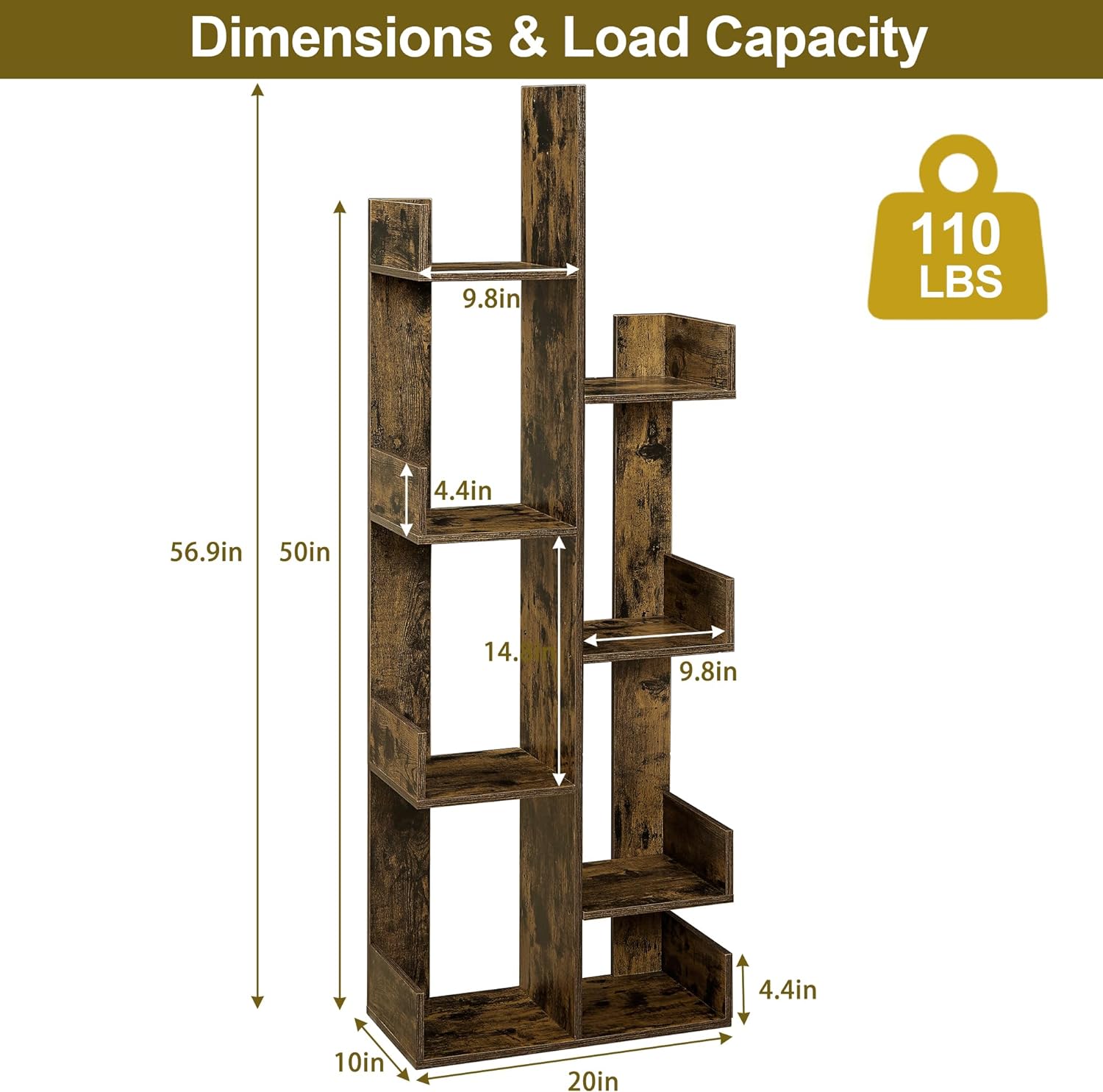VECELO Tree Bookshelf, Geometric 8 Shelf Tree Bookcase Wood Bookshelves Display
